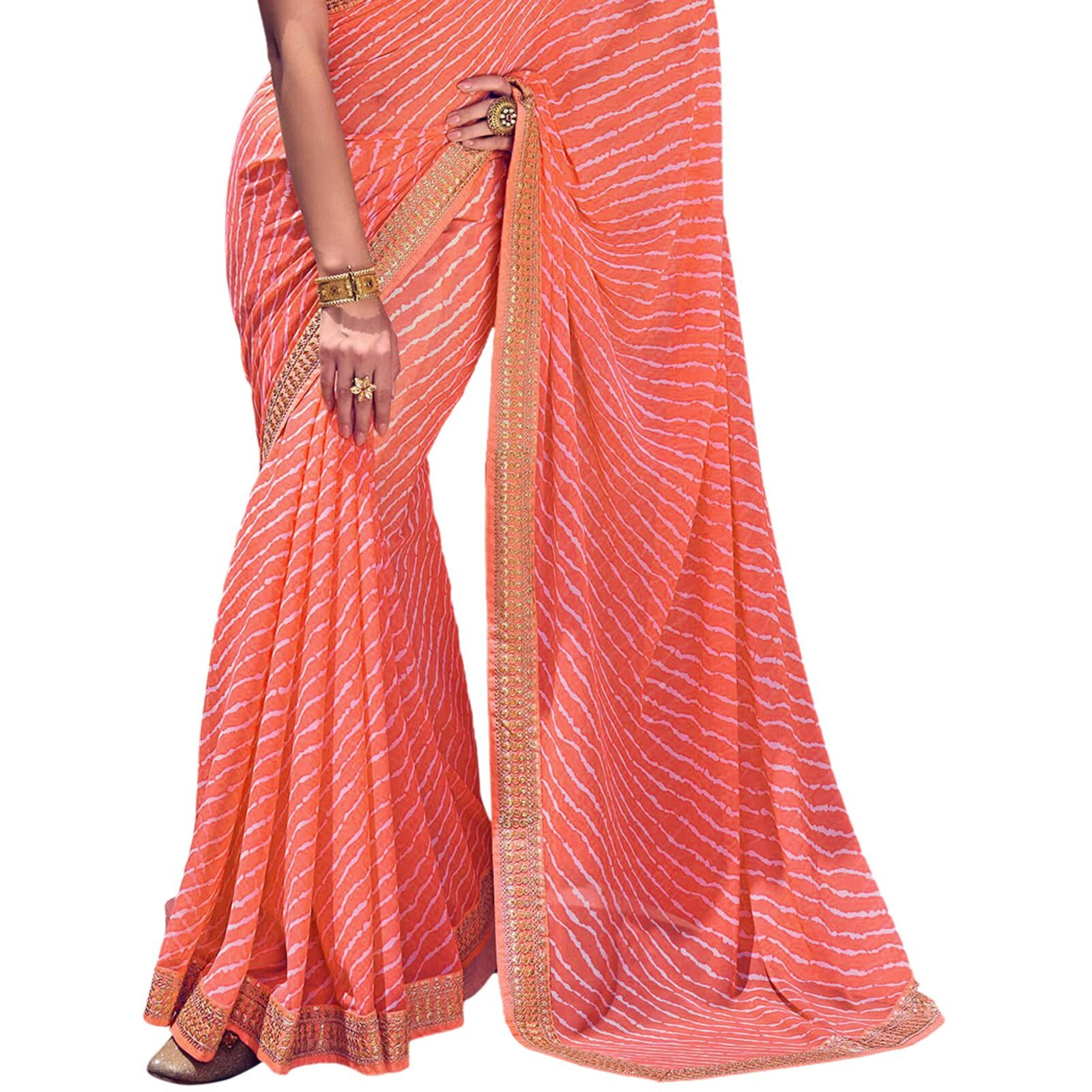 Satrani Womens Knit Pure Georgette Saree (2555S281N_Light Orange)