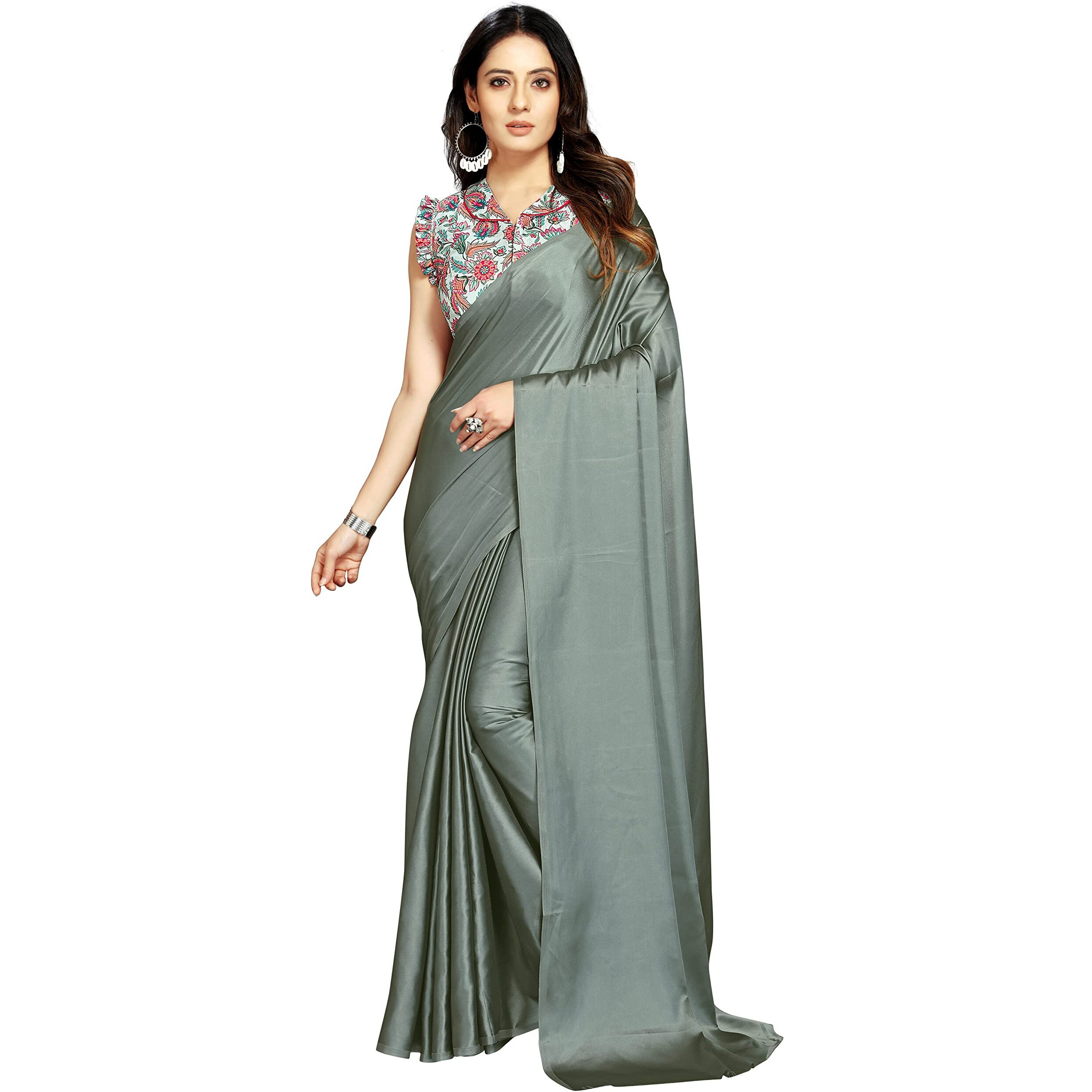 ANANT DESIGNER STUDIO Womens Satin Silk Plain Saree with Designer Blouse Piece Digital Printed (Olive Green)