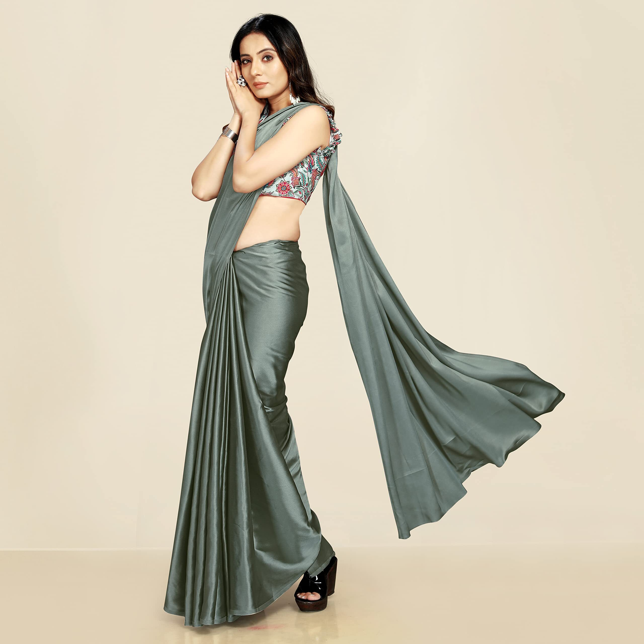 ANANT DESIGNER STUDIO Womens Satin Silk Plain Saree with Designer Blouse Piece Digital Printed (Olive Green)