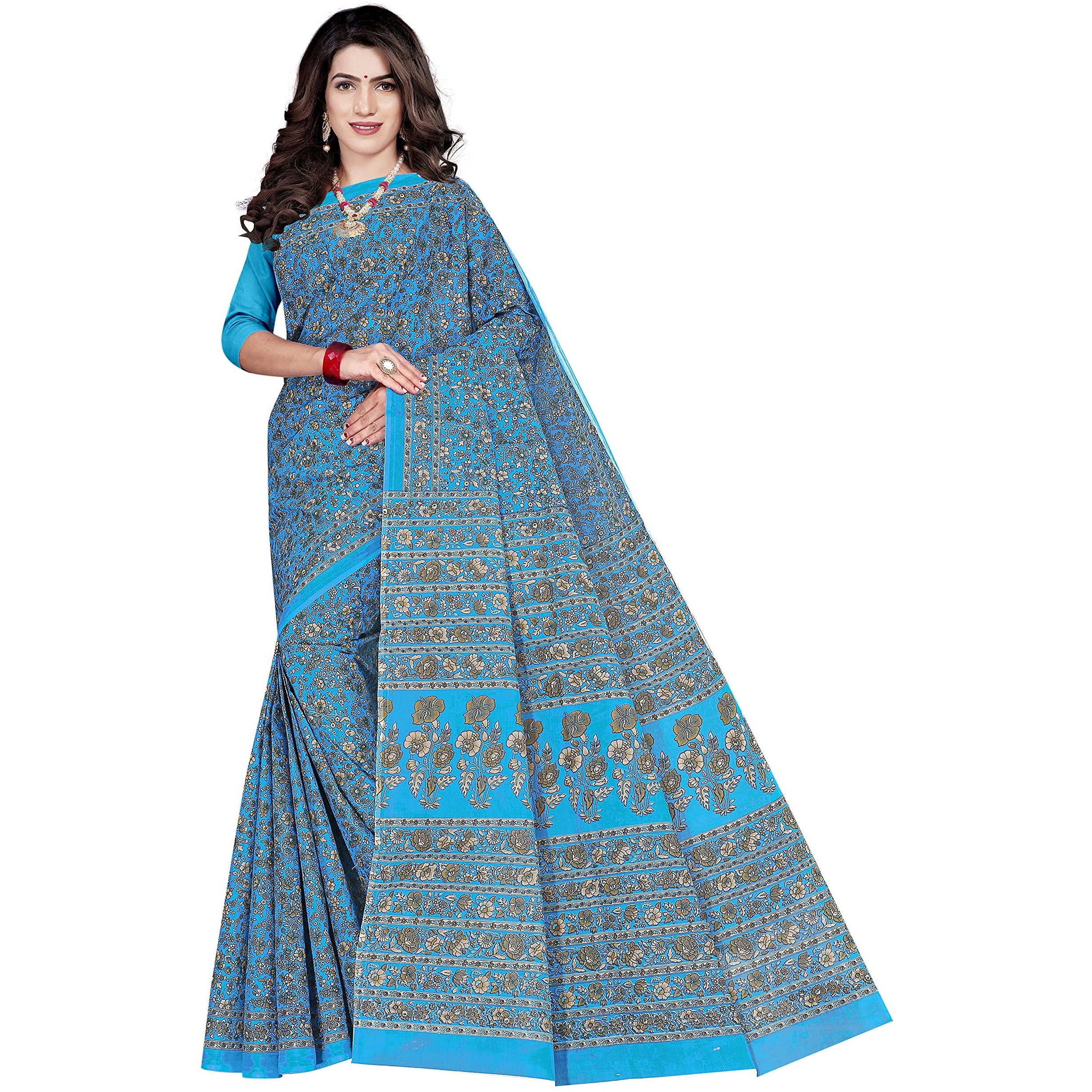 TAMAIRA FASHION Womens Plain Weave Pure Cotton Saree Without Blouse Piece(2336_Turquoise)