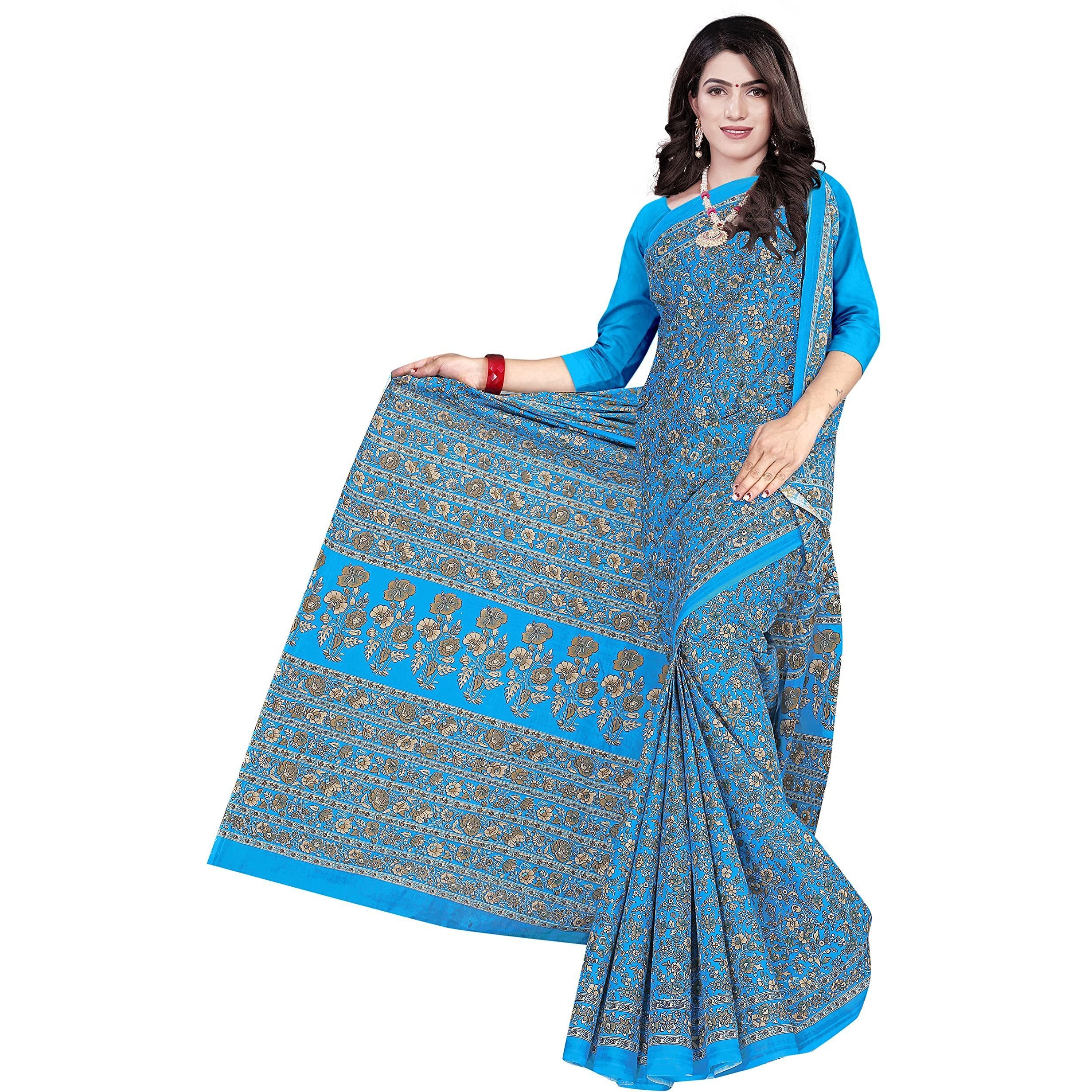 TAMAIRA FASHION Womens Plain Weave Pure Cotton Saree Without Blouse Piece(2336_Turquoise)