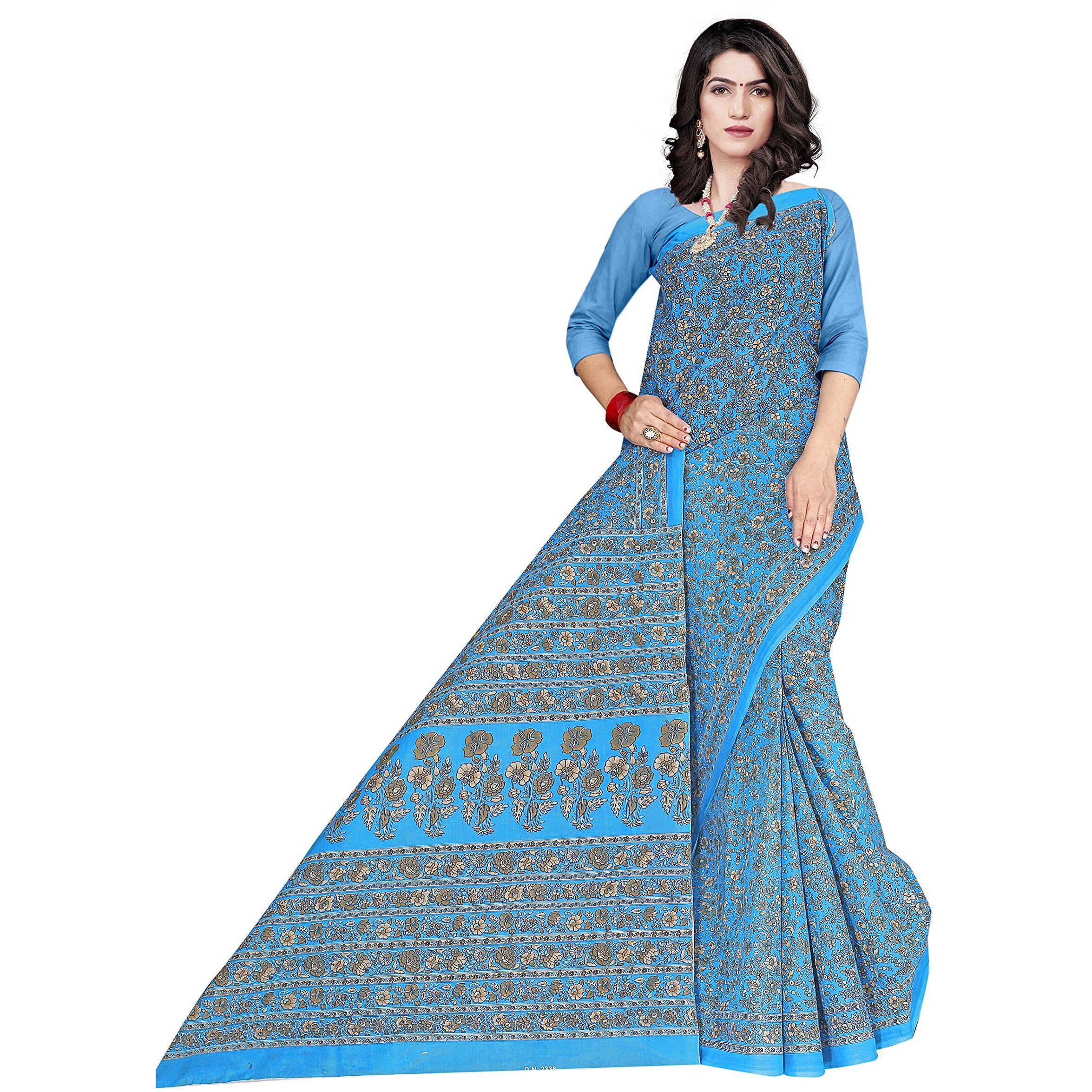 TAMAIRA FASHION Womens Plain Weave Pure Cotton Saree Without Blouse Piece(2336_Turquoise)