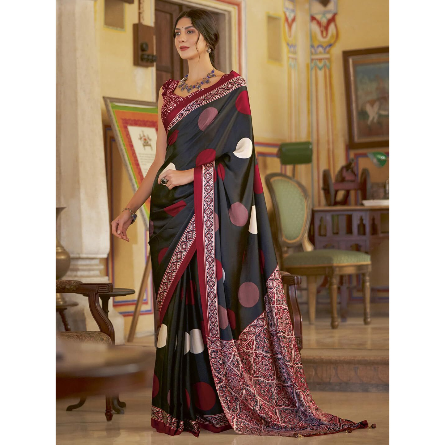 SAREE MALL Womens Ajrkh Print Satin Crepe Polka Dot Printed Saree With Unstitched Blouse Piece(Black_MOHAR101B_HS)