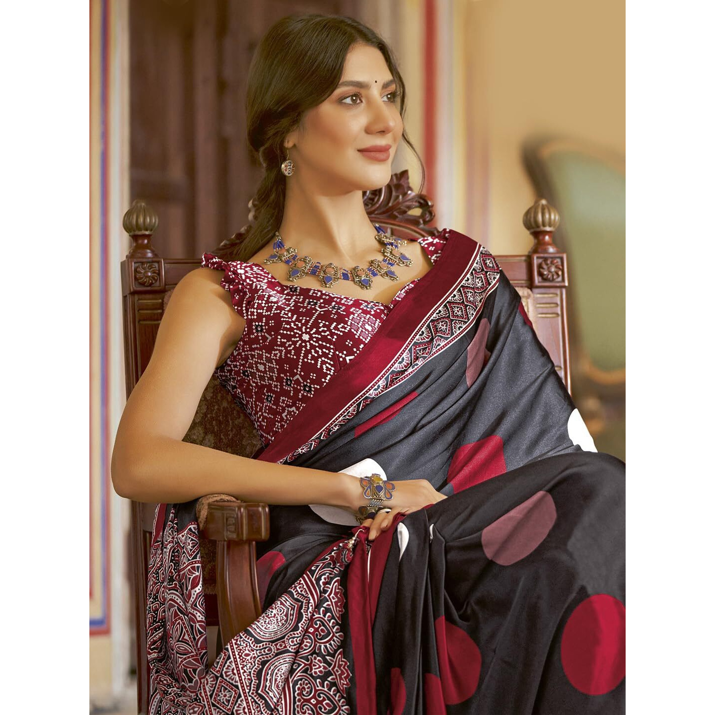 SAREE MALL Womens Ajrkh Print Satin Crepe Polka Dot Printed Saree With Unstitched Blouse Piece(Black_MOHAR101B_HS)