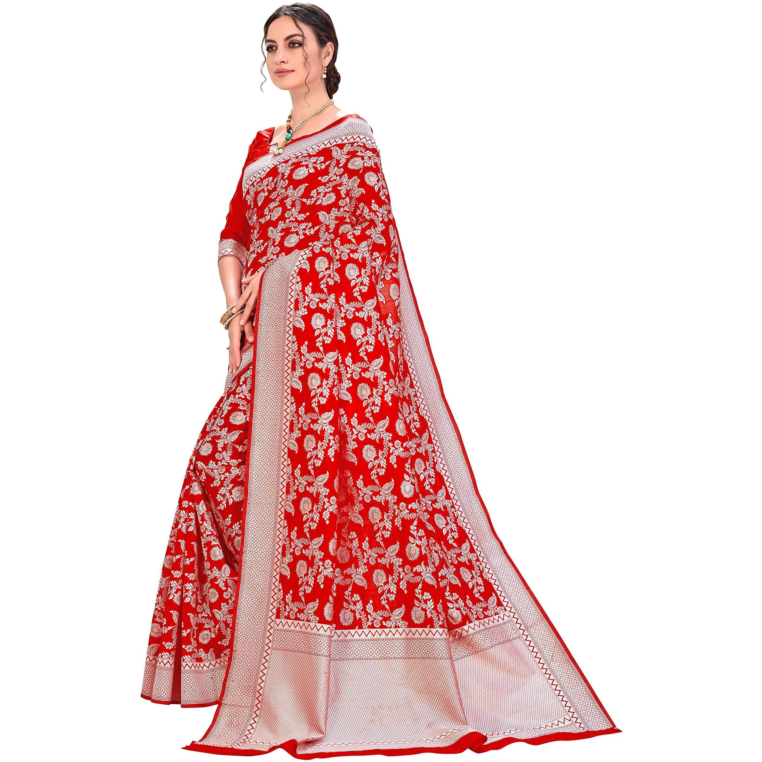 Glory Sarees Womens Banarasi Artificial Silk Saree With Blouse Piece (kara124-red_Red)
