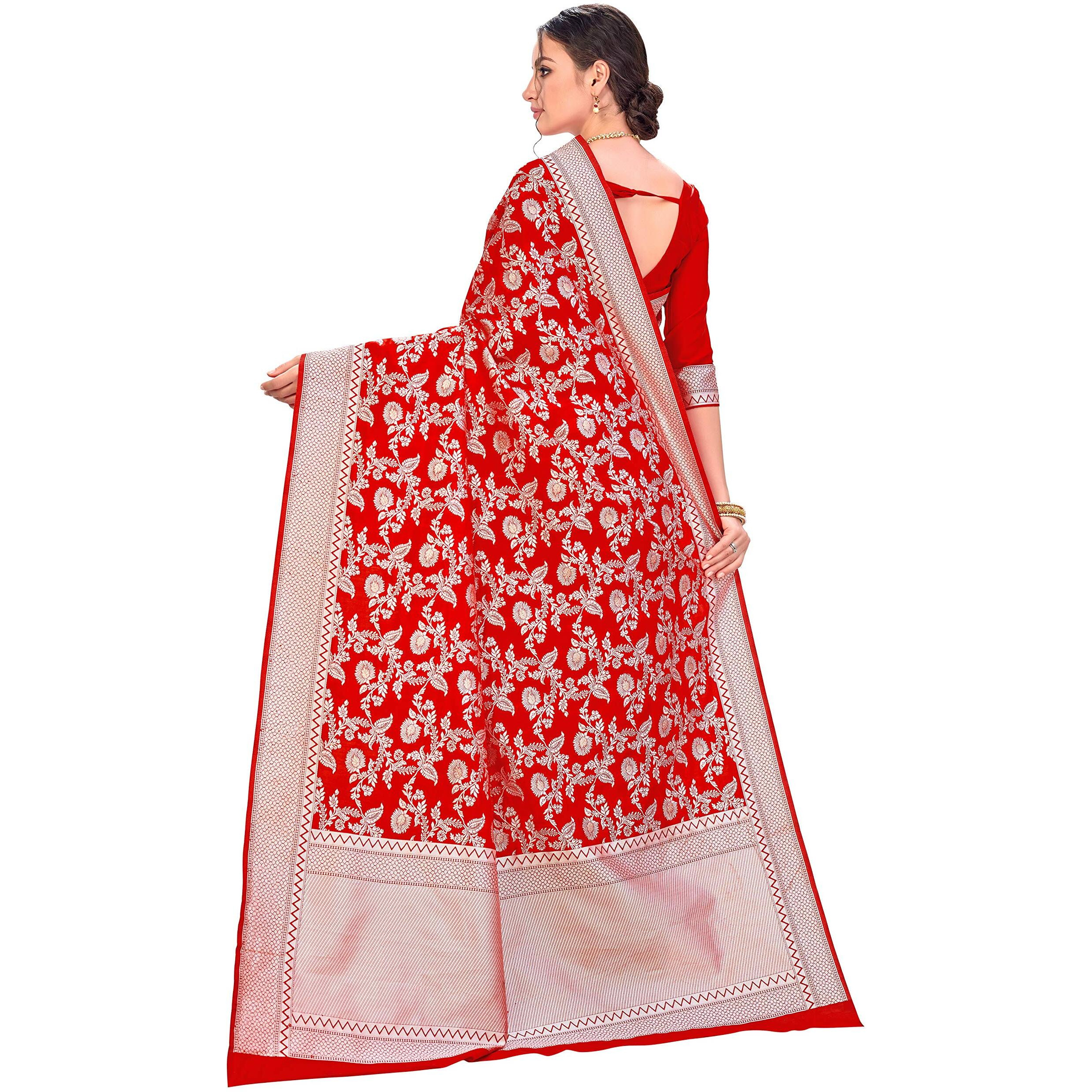 Glory Sarees Womens Banarasi Artificial Silk Saree With Blouse Piece (kara124-red_Red)