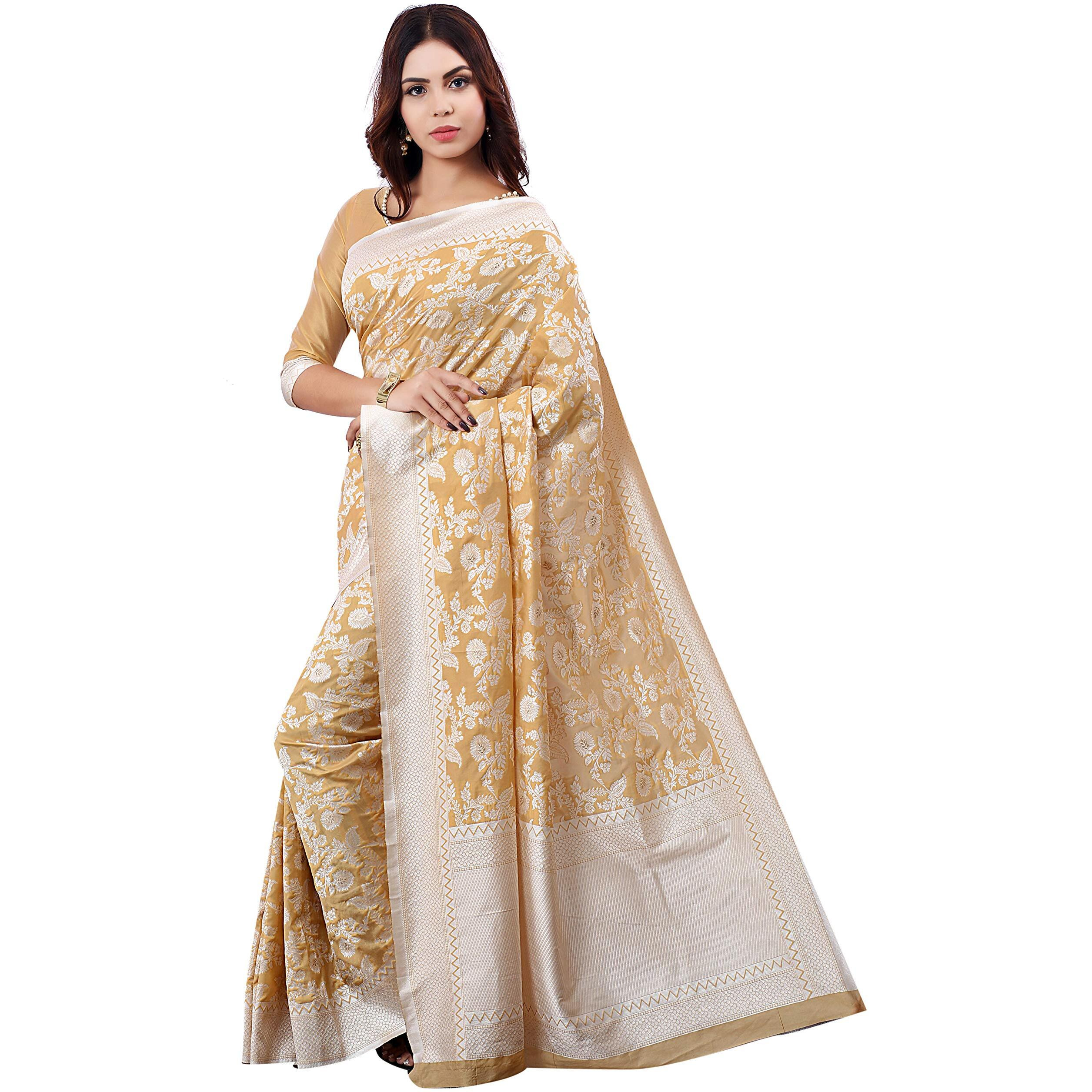 Glory Sarees Womens Banarasi Artificial Silk Saree With Blouse Piece (kara124-beige_Beige)