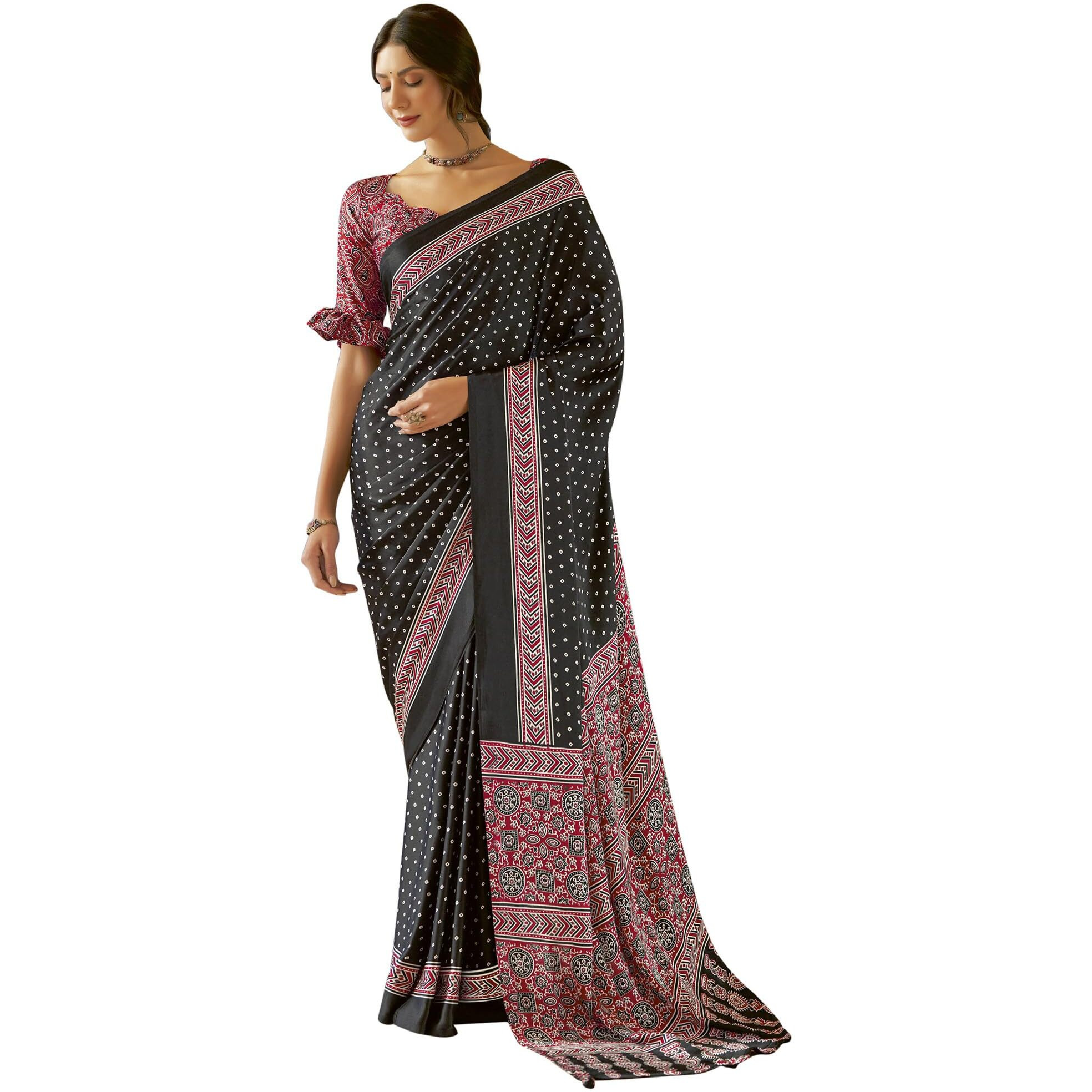 SAREE MALL Womens Ajrkh Print Satin Crepe Bandhani Printed Saree With Unstitched Blouse Piece(Black_MOHAR104B_HS)