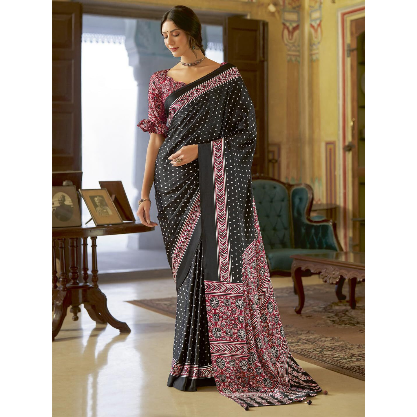 SAREE MALL Womens Ajrkh Print Satin Crepe Bandhani Printed Saree With Unstitched Blouse Piece(Black_MOHAR104B_HS)