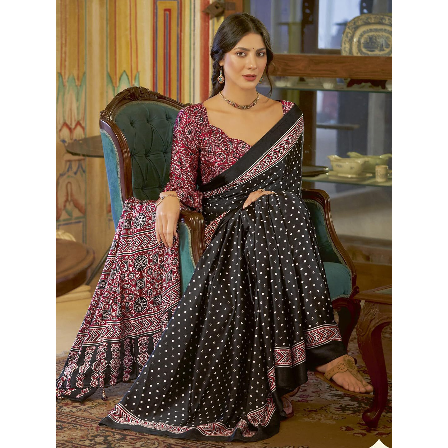 SAREE MALL Womens Ajrkh Print Satin Crepe Bandhani Printed Saree With Unstitched Blouse Piece(Black_MOHAR104B_HS)