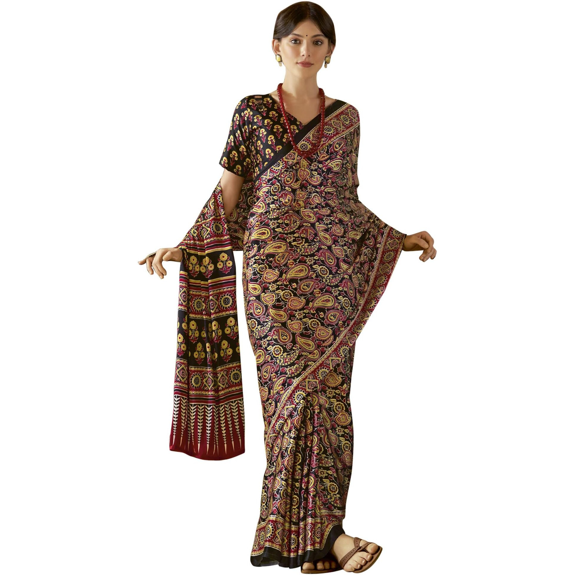 SAREE MALL Womens Ajrkh Print Satin Crepe Paisley Printed Saree With Unstitched Blouse Piece(Black_MOHAR202B_HS)