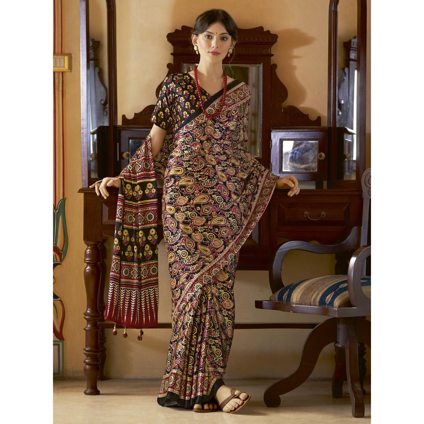 SAREE MALL Womens Ajrkh Print Satin Crepe Paisley Printed Saree With Unstitched Blouse Piece(Black_MOHAR202B_HS)