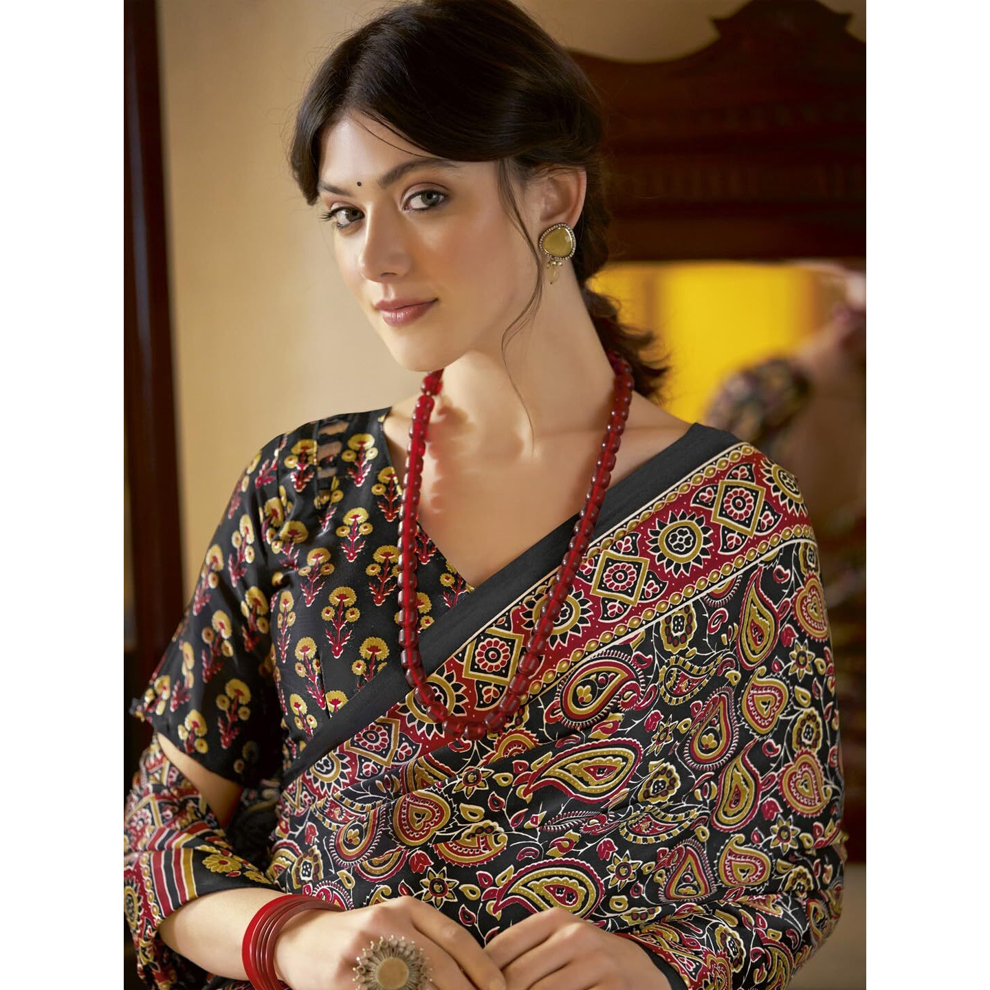SAREE MALL Womens Ajrkh Print Satin Crepe Paisley Printed Saree With Unstitched Blouse Piece(Black_MOHAR202B_HS)