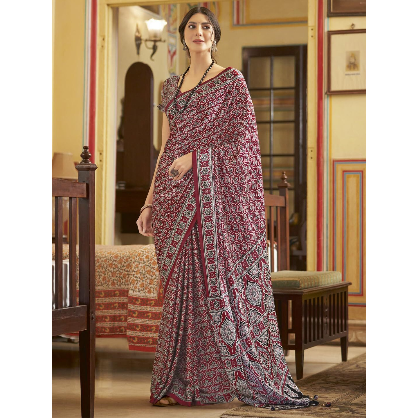 SAREE MALL Womens Ajrak Crepe Satin Printed Saree With Unstitched Blouse Piece(Red_MOHAR204A_HS)