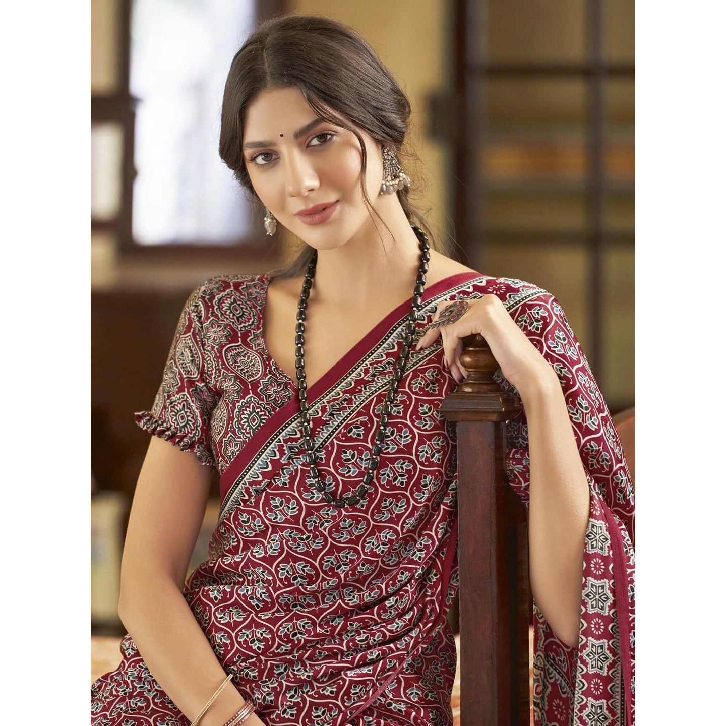 SAREE MALL Womens Ajrak Crepe Satin Printed Saree With Unstitched Blouse Piece(Red_MOHAR204A_HS)