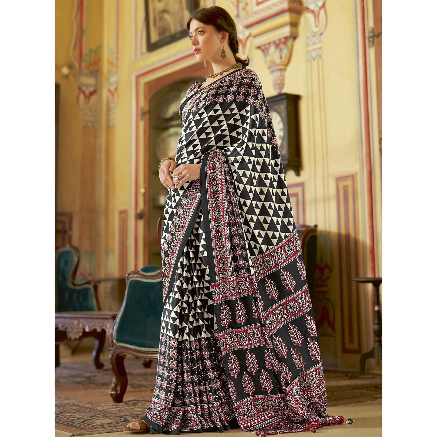 SAREE MALL Womens Ajrkh Print Satin Crepe Geometric Printed Saree With Unstitched Blouse Piece(Black_MOHAR102B_HS)