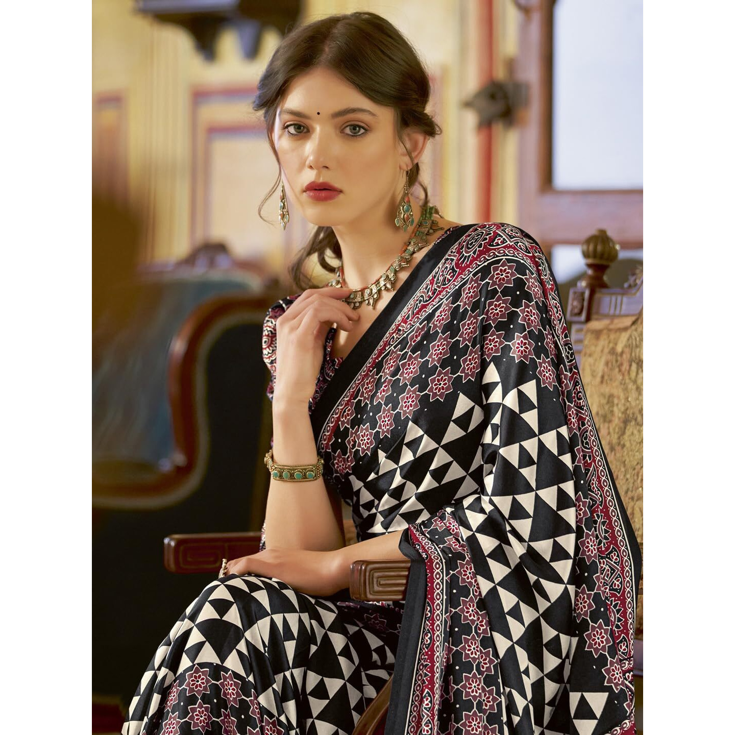 SAREE MALL Womens Ajrkh Print Satin Crepe Geometric Printed Saree With Unstitched Blouse Piece(Black_MOHAR102B_HS)
