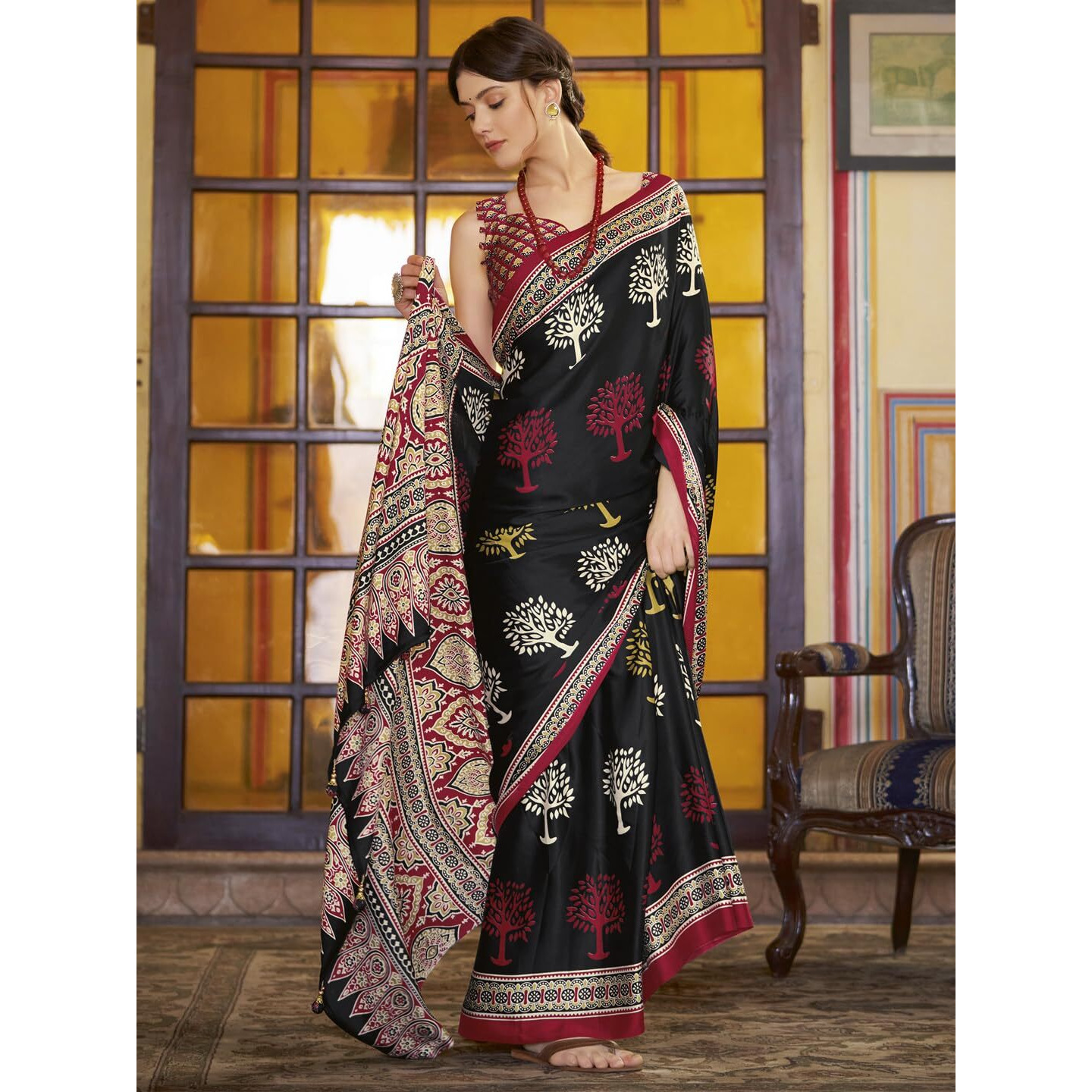 SAREE MALL Womens Ajrak Crepe Satin Printed Saree With Unstitched Blouse Piece(Black_MOHAR201B_HS)