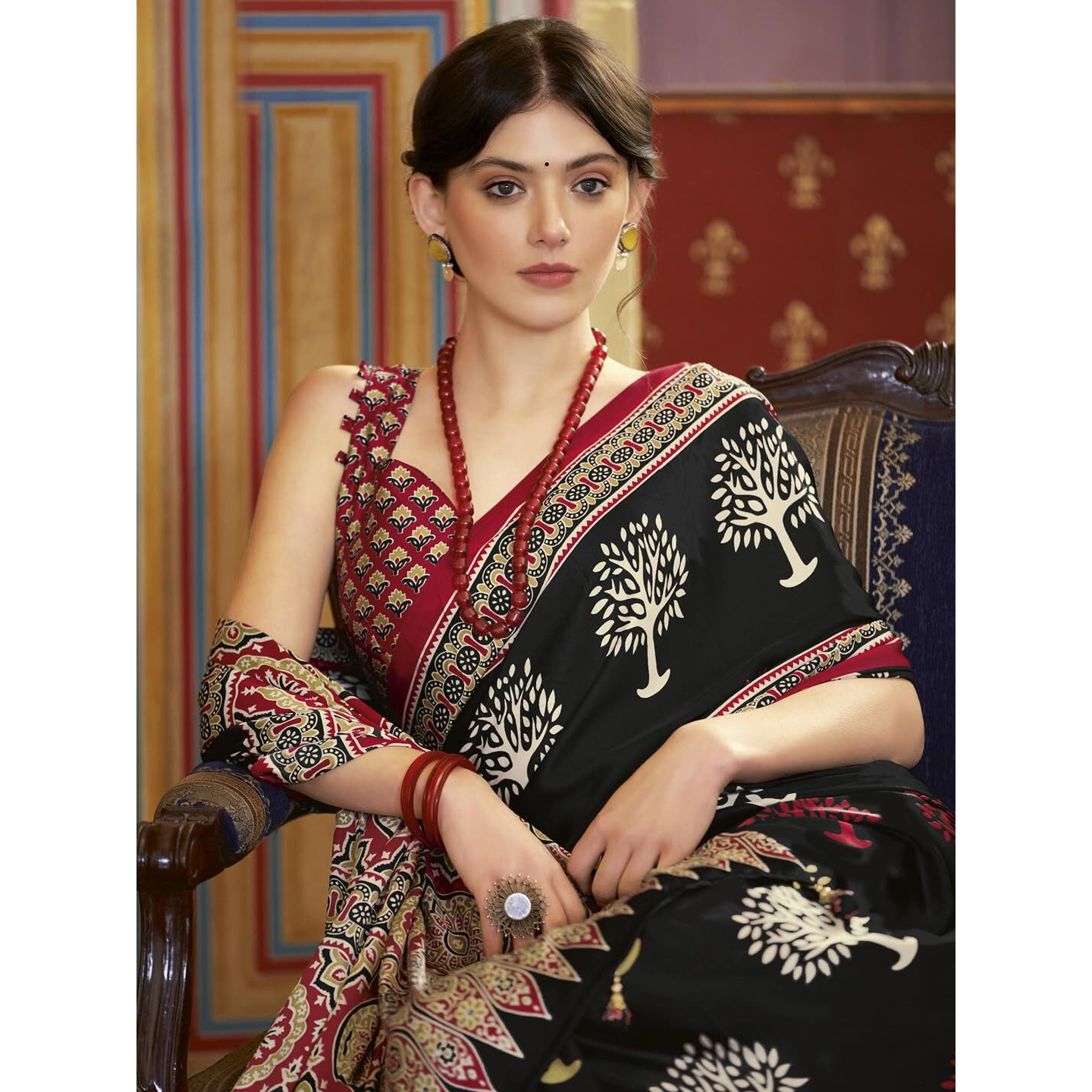 SAREE MALL Womens Ajrak Crepe Satin Printed Saree With Unstitched Blouse Piece(Black_MOHAR201B_HS)