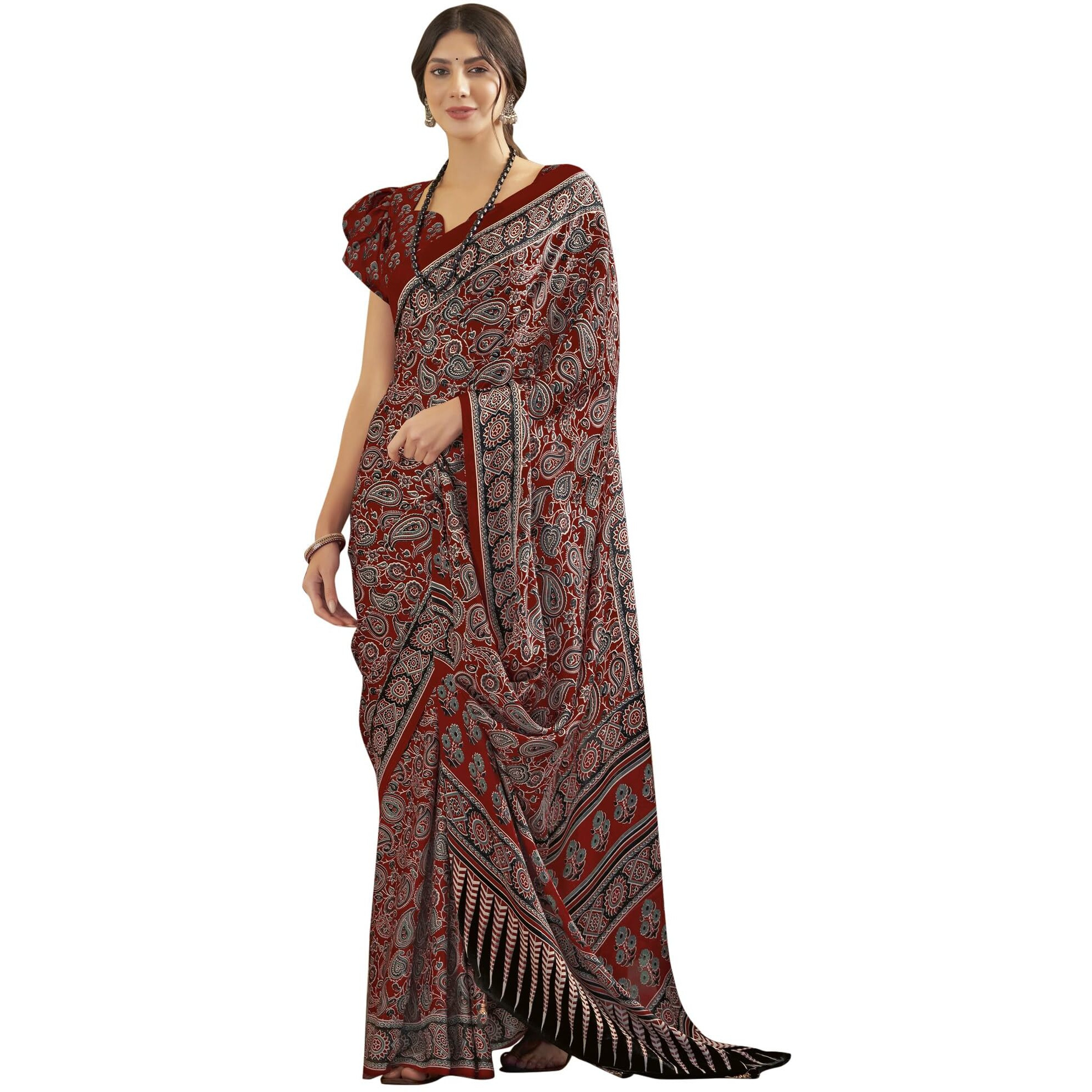 SAREE MALL Womens Ajrkh Print Satin Crepe Paisley Printed Saree With Unstitched Blouse Piece(Maroon_MOHAR202A_HS)