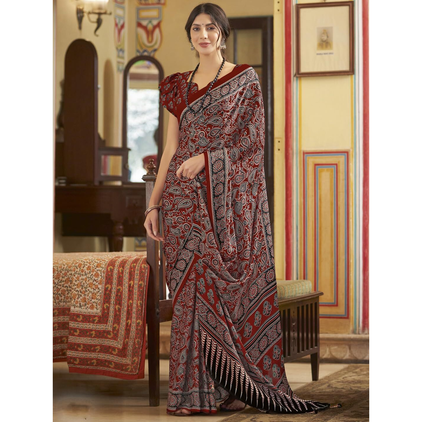 SAREE MALL Womens Ajrkh Print Satin Crepe Paisley Printed Saree With Unstitched Blouse Piece(Maroon_MOHAR202A_HS)