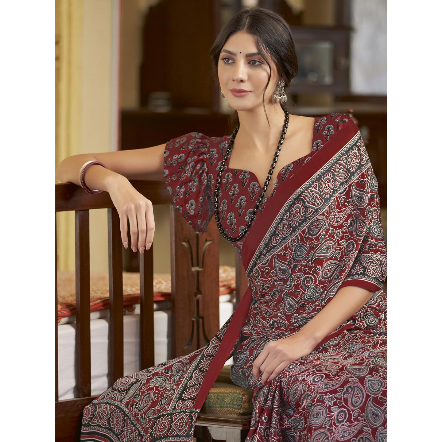 SAREE MALL Womens Ajrkh Print Satin Crepe Paisley Printed Saree With Unstitched Blouse Piece(Maroon_MOHAR202A_HS)
