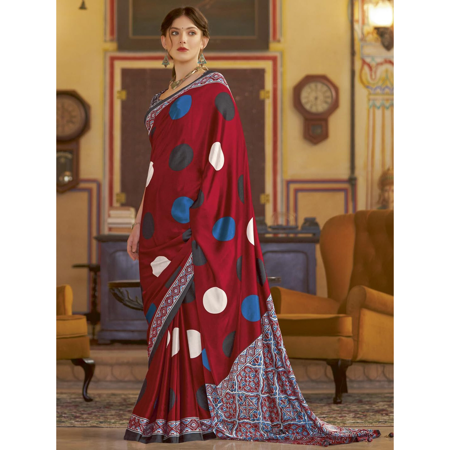 SAREE MALL Womens Ajrkh Print Satin Crepe Polka Dot Printed Saree With Unstitched Blouse Piece(Red_MOHAR101A_HS)
