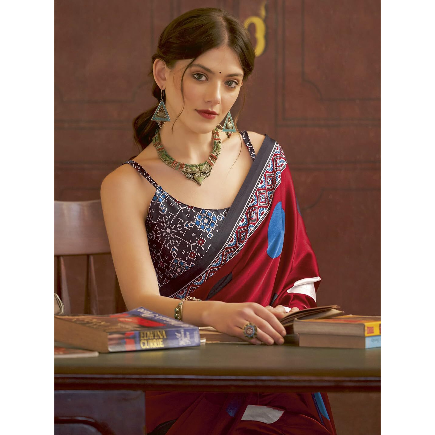 SAREE MALL Womens Ajrkh Print Satin Crepe Polka Dot Printed Saree With Unstitched Blouse Piece(Red_MOHAR101A_HS)