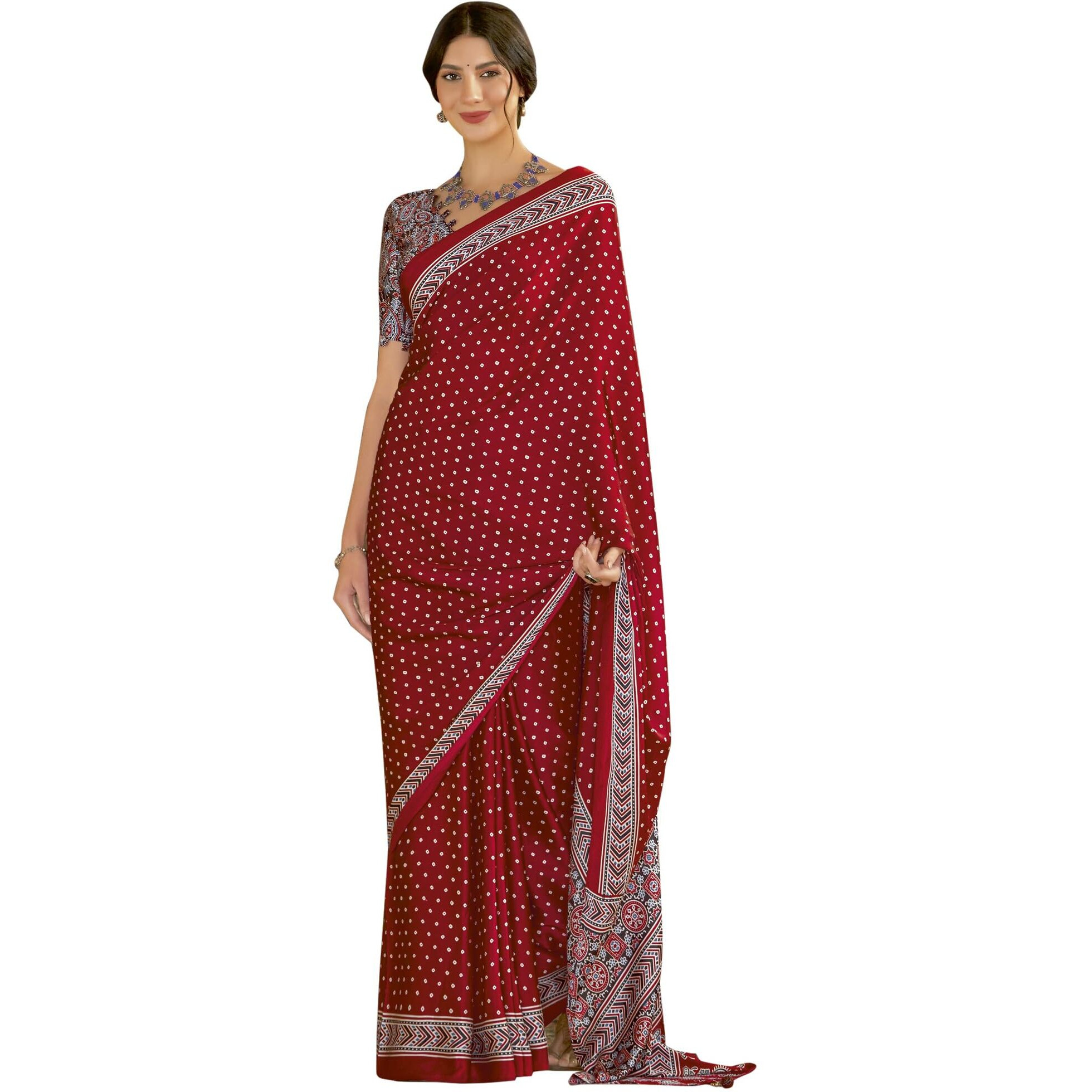 SAREE MALL Womens Ajrkh Print Satin Crepe Bandhani Printed Saree With Unstitched Blouse Piece(Red_MOHAR104A_HS)