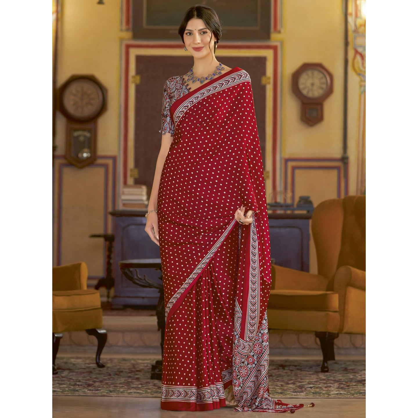 SAREE MALL Womens Ajrkh Print Satin Crepe Bandhani Printed Saree With Unstitched Blouse Piece(Red_MOHAR104A_HS)