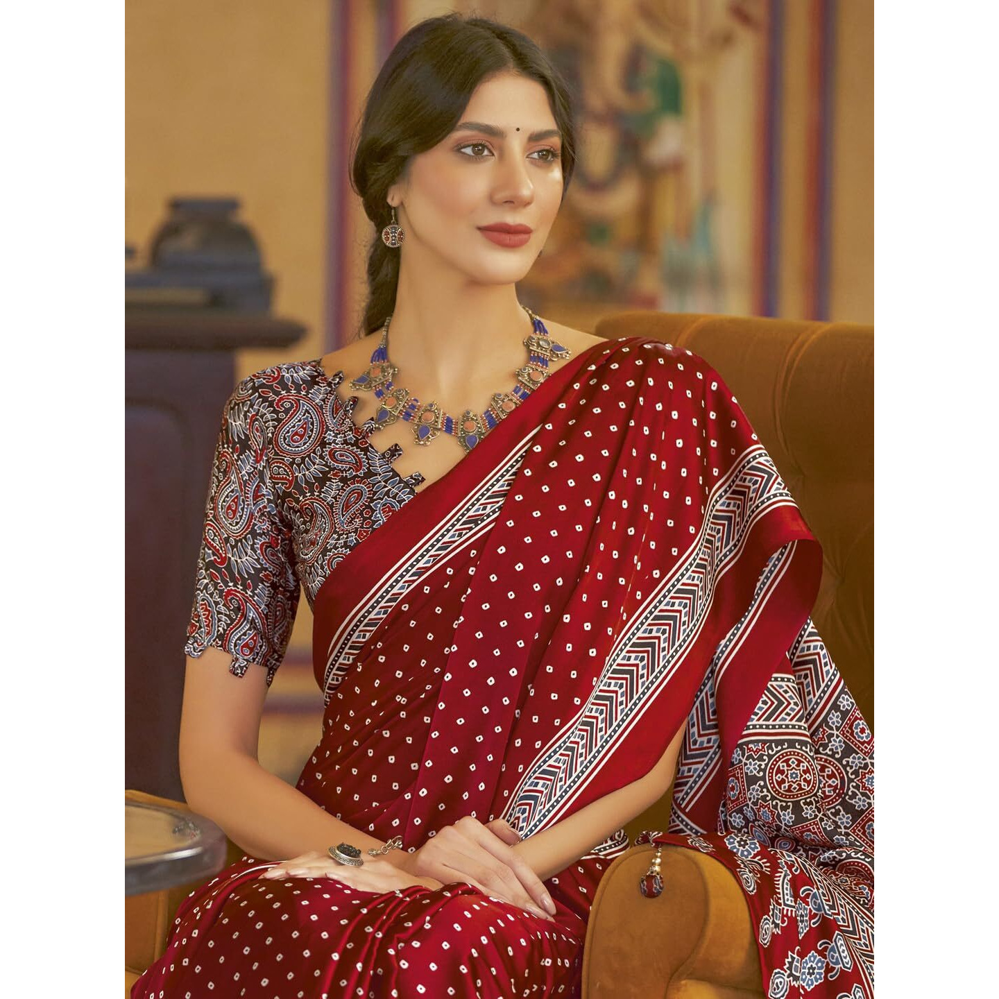 SAREE MALL Womens Ajrkh Print Satin Crepe Bandhani Printed Saree With Unstitched Blouse Piece(Red_MOHAR104A_HS)