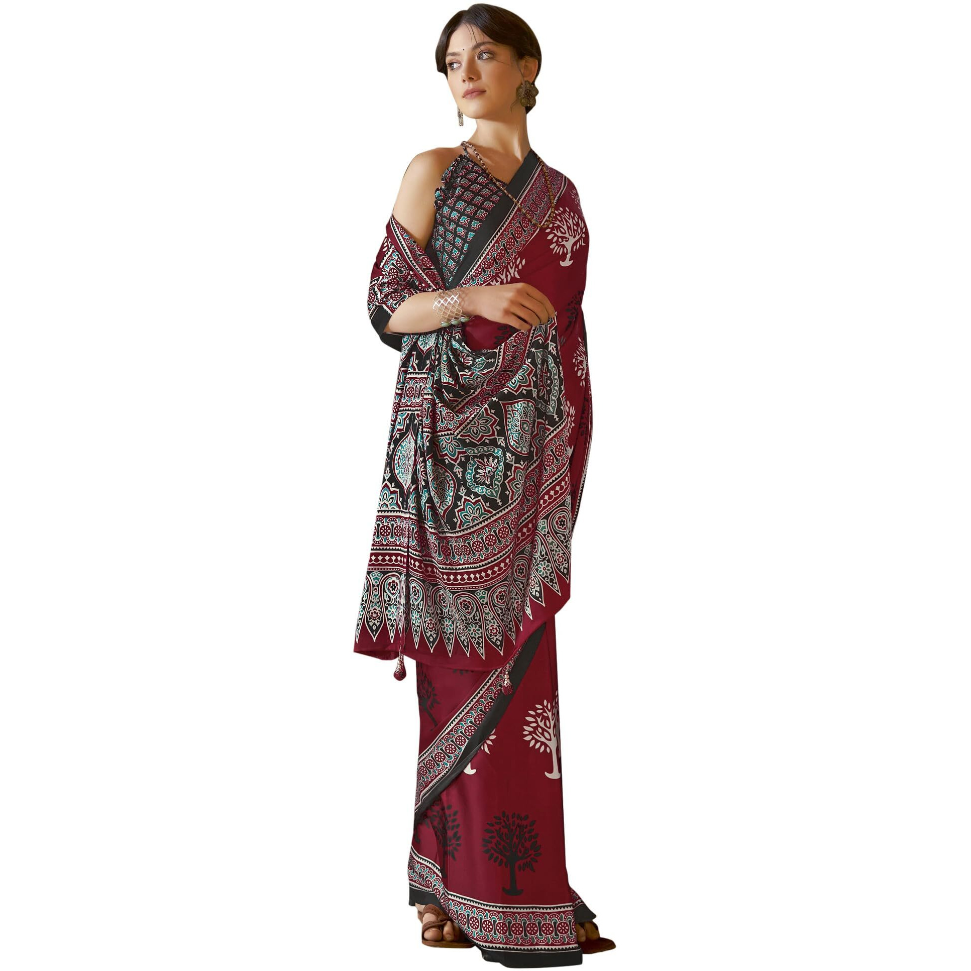 SAREE MALL Womens Ajrak Crepe Satin Printed Saree With Unstitched Blouse Piece(Red_MOHAR201A_HS)