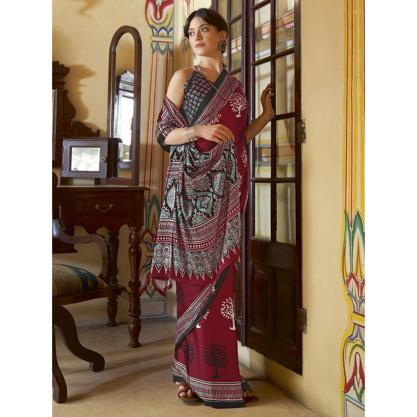 SAREE MALL Womens Ajrak Crepe Satin Printed Saree With Unstitched Blouse Piece(Red_MOHAR201A_HS)