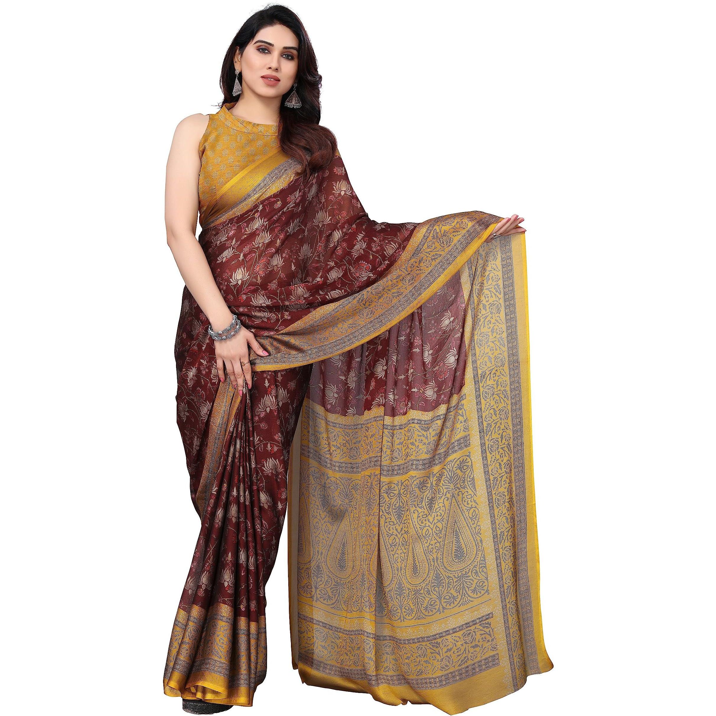 MIRCHI FASHION Womens Plain Weave Chiffon Floral Printed Saree with Blouse Piece (38006-Maroon, Beige)
