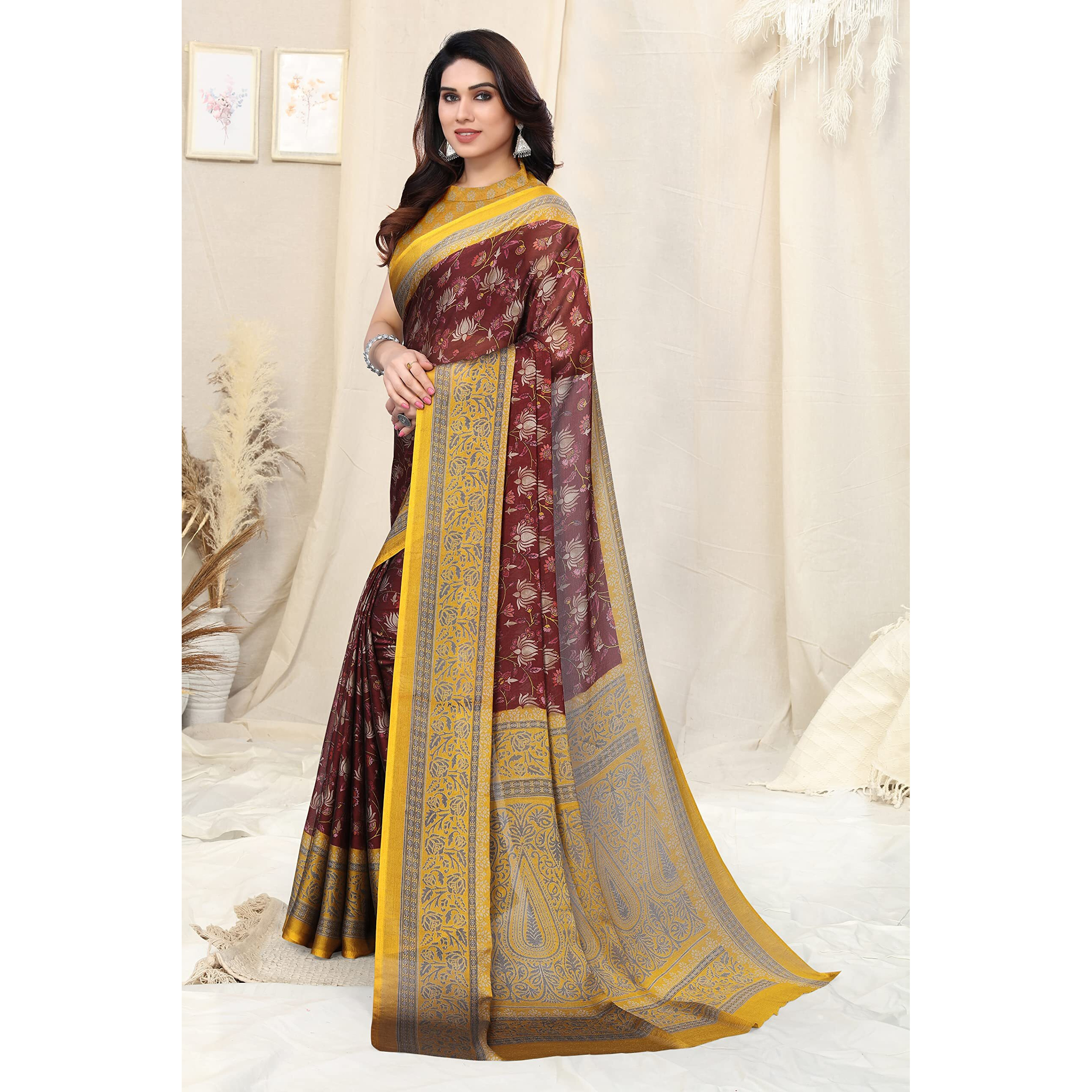 MIRCHI FASHION Womens Plain Weave Chiffon Floral Printed Saree with Blouse Piece (38006-Maroon, Beige)