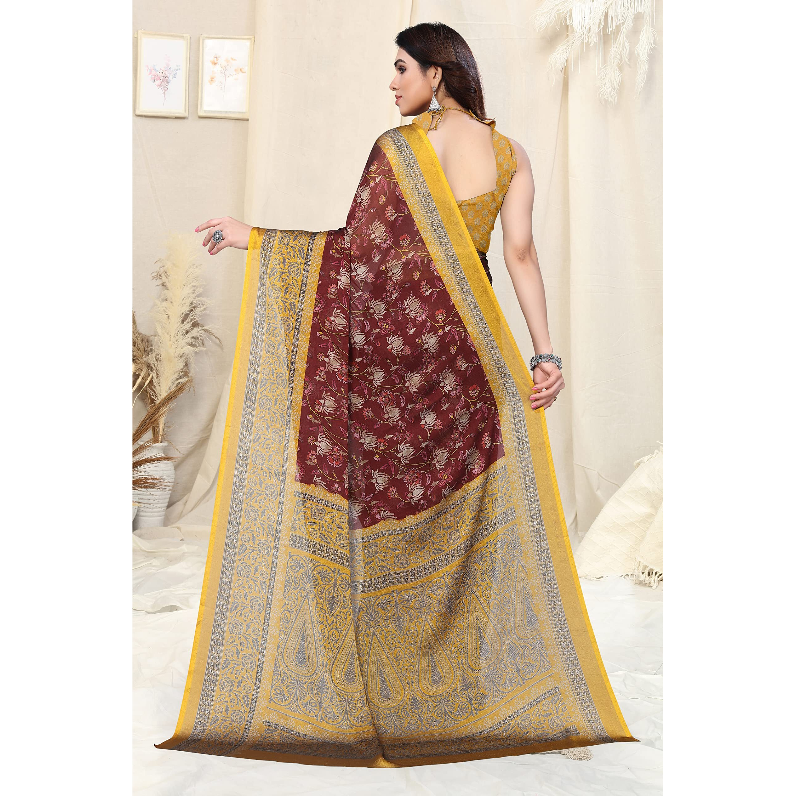 MIRCHI FASHION Womens Plain Weave Chiffon Floral Printed Saree with Blouse Piece (38006-Maroon, Beige)