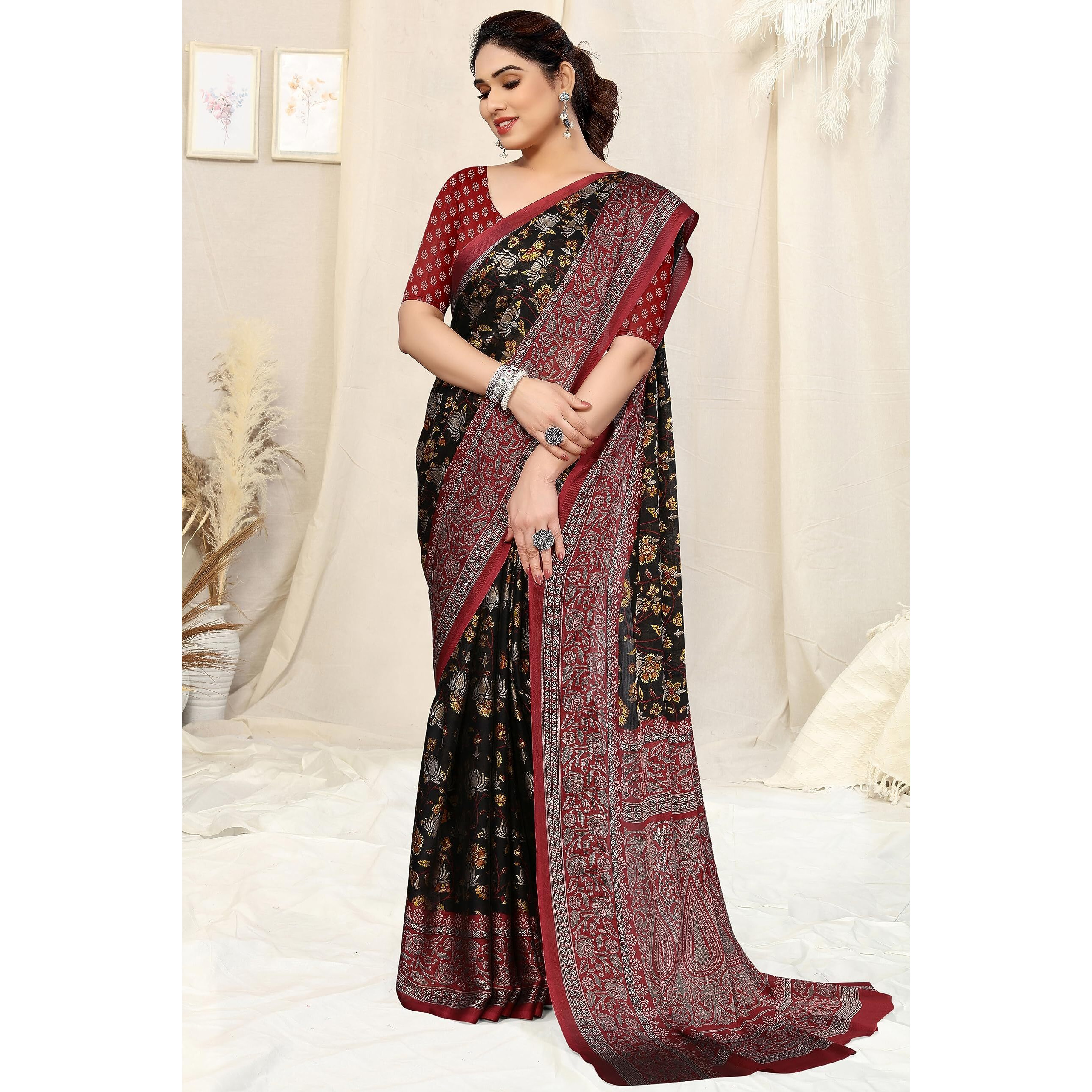 MIRCHI FASHION Womens Plain Weave Chiffon Floral Printed Saree with Blouse Piece (39191A-Black, Red)