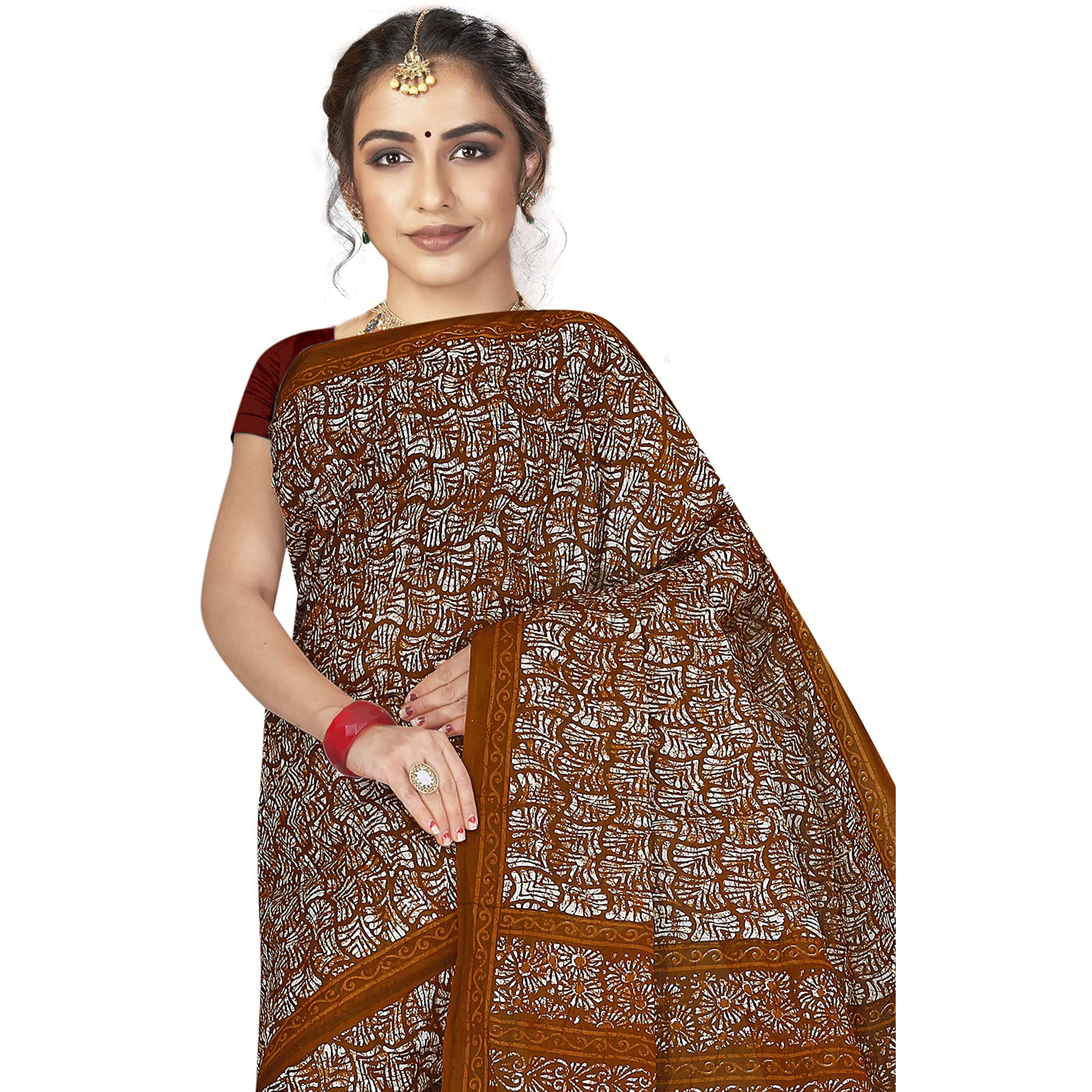 TAMAIRA FASHION Womens Plain Weave Pure Cotton Saree Without Blouse Piece(1654_RustBrown)