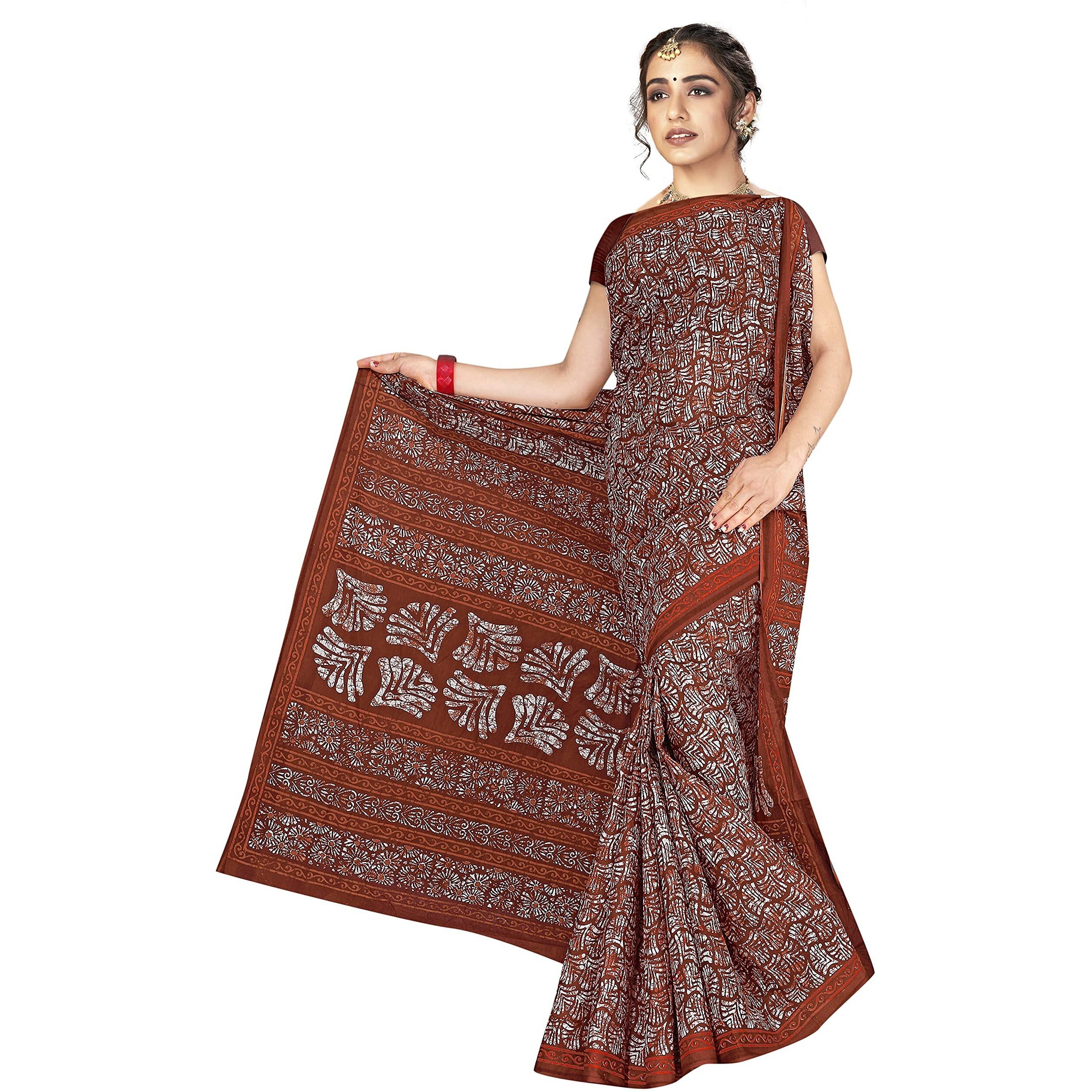 TAMAIRA FASHION Womens Plain Weave Pure Cotton Saree Without Blouse Piece(1654_RustBrown)