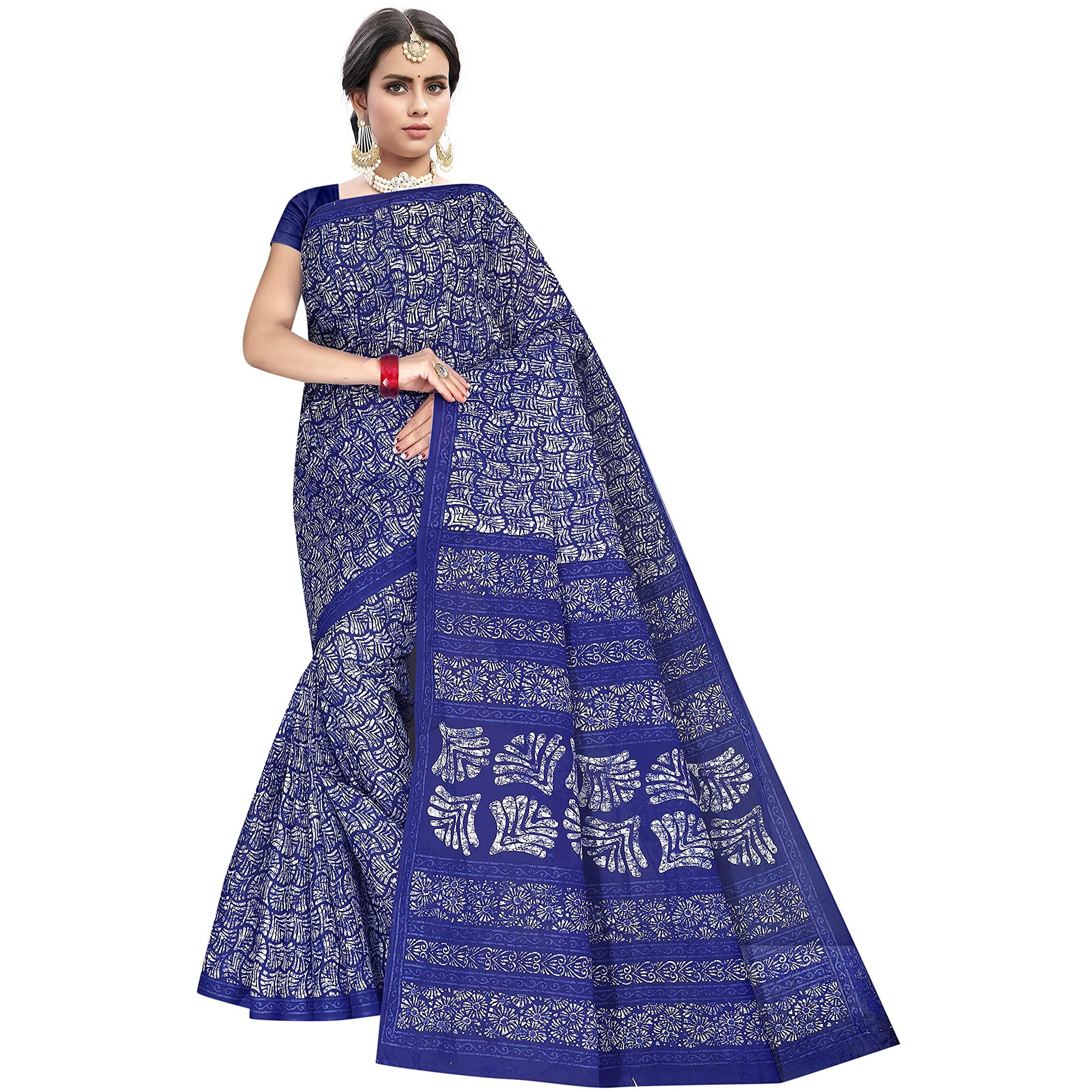 TAMAIRA FASHION Womens Plain Weave Pure Cotton Saree Without Blouse Piece(1654_Blue)