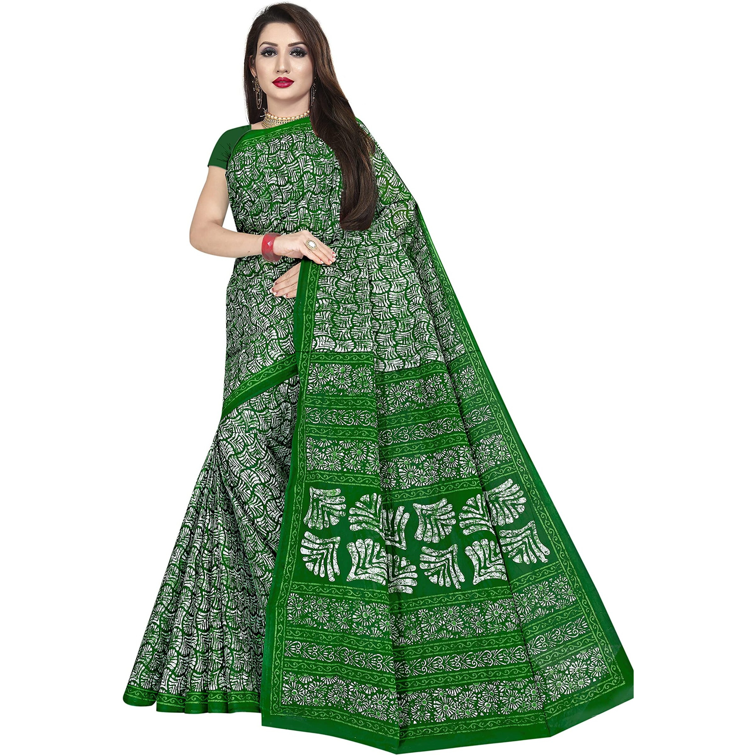 TAMAIRA FASHION Womens Plain Weave Pure Cotton Saree Without Blouse Piece(1654_ParrotGreen&DarkGreen)