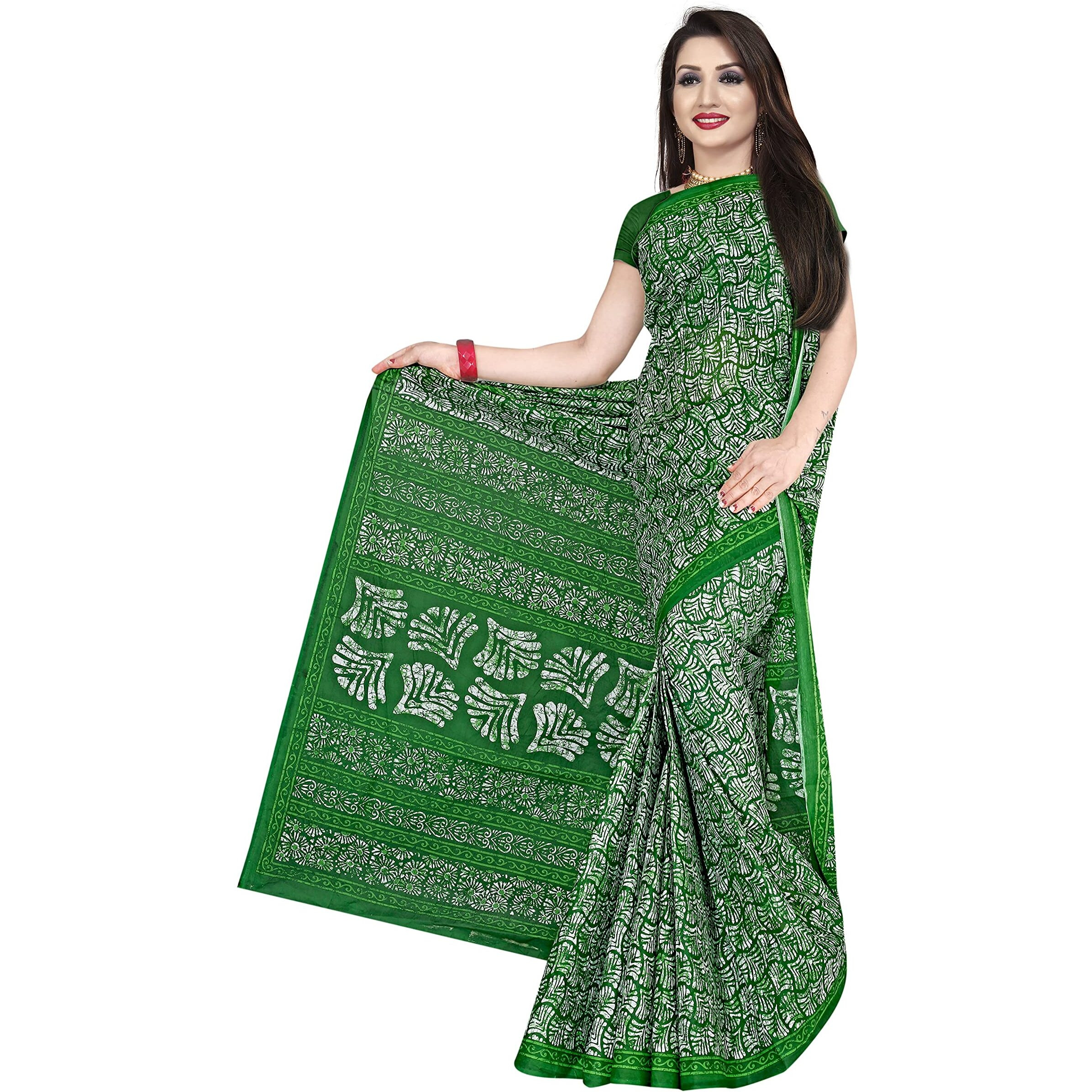 TAMAIRA FASHION Womens Plain Weave Pure Cotton Saree Without Blouse Piece(1654_ParrotGreen&DarkGreen)