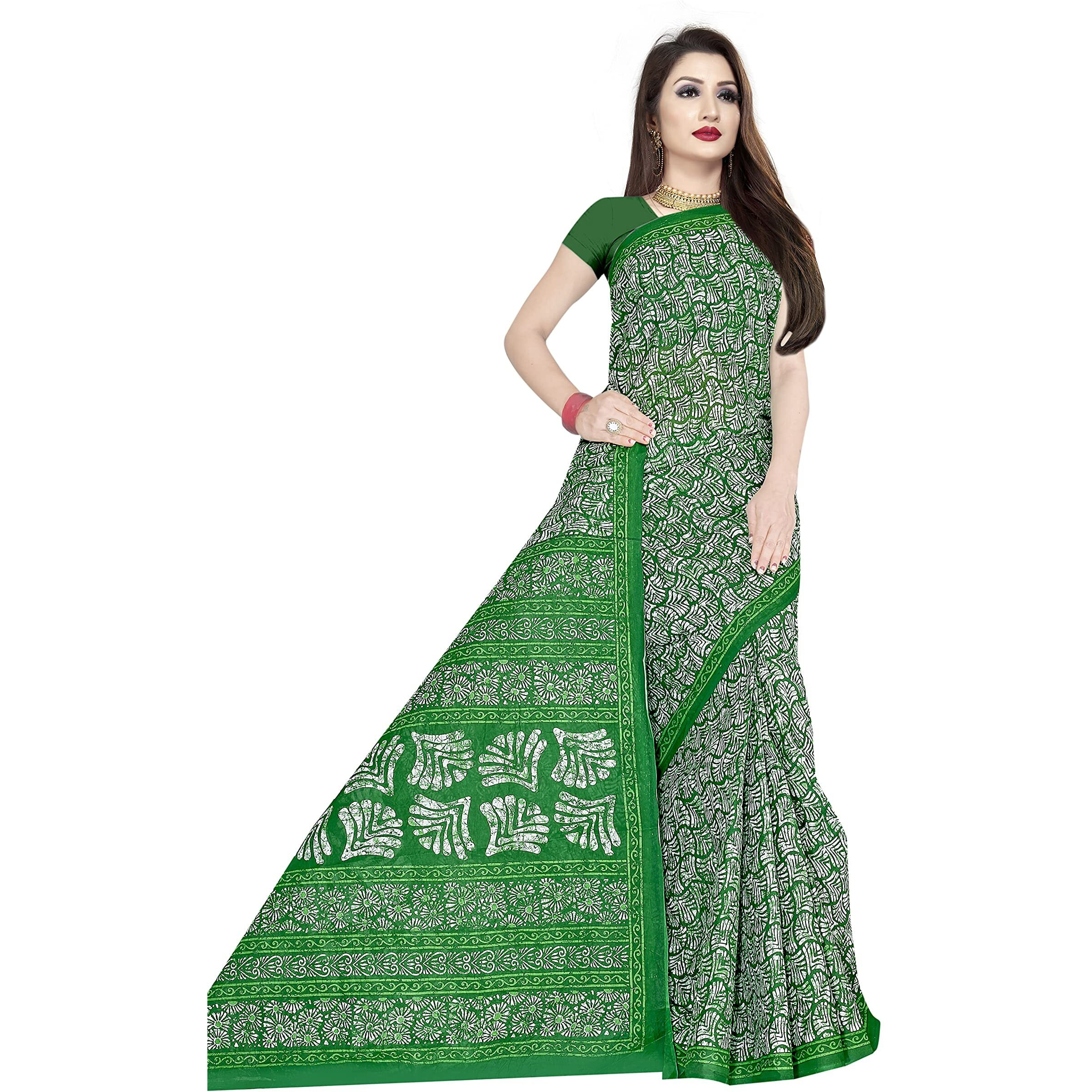 TAMAIRA FASHION Womens Plain Weave Pure Cotton Saree Without Blouse Piece(1654_ParrotGreen&DarkGreen)