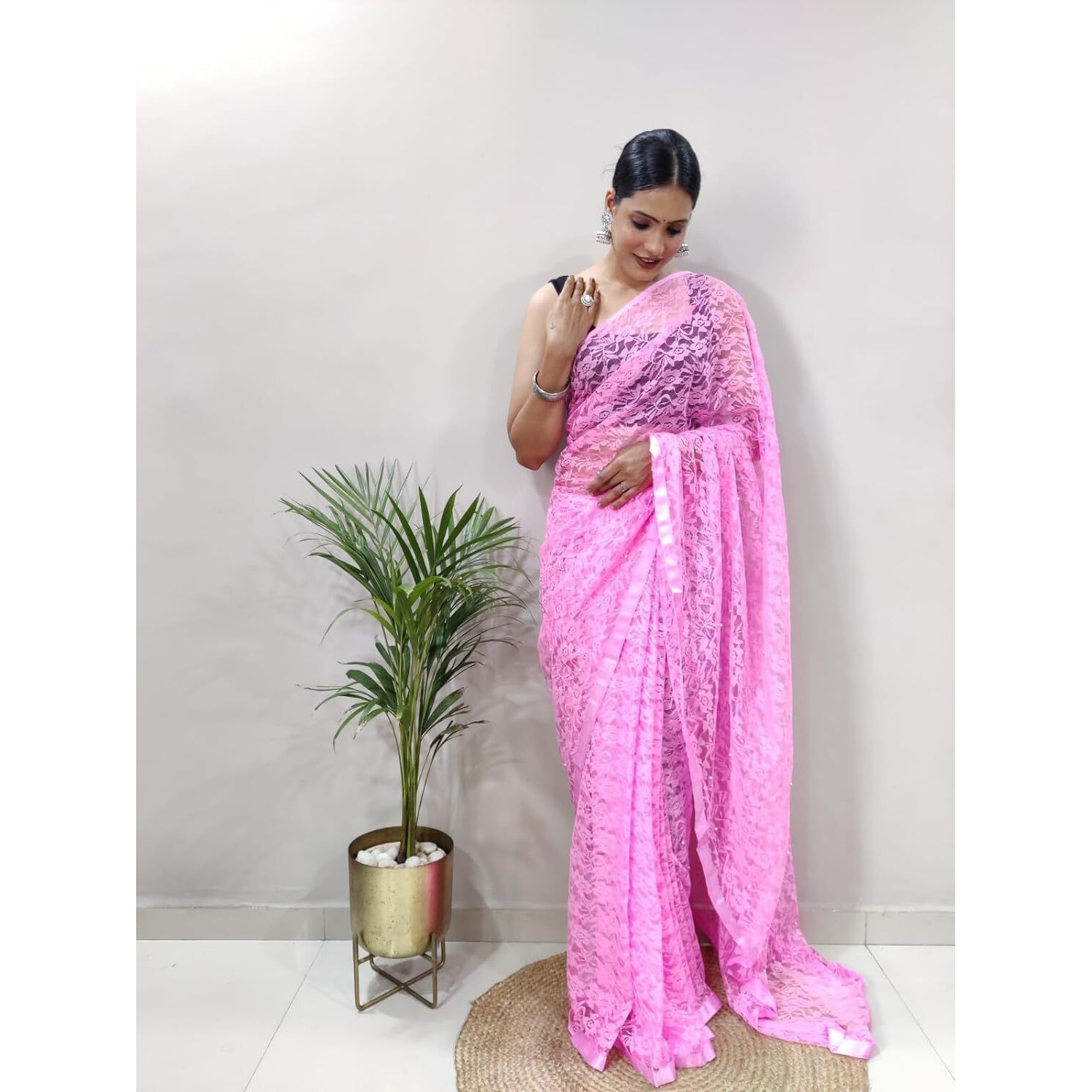 Sidhidata Womens Rasal Net Pearl Aari work Ready To Wear one Minute Saree With Unstitched Blouse Piece (Rasal Baby Pink_Baby Pink_Free Size)