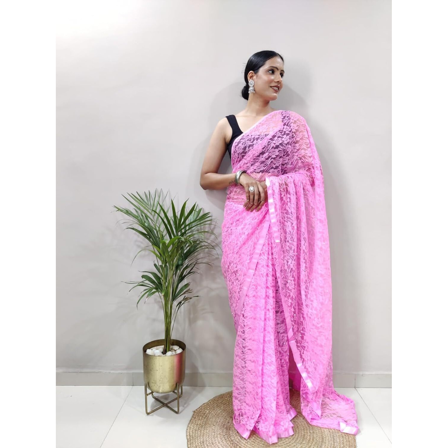 Sidhidata Womens Rasal Net Pearl Aari work Ready To Wear one Minute Saree With Unstitched Blouse Piece (Rasal Baby Pink_Baby Pink_Free Size)
