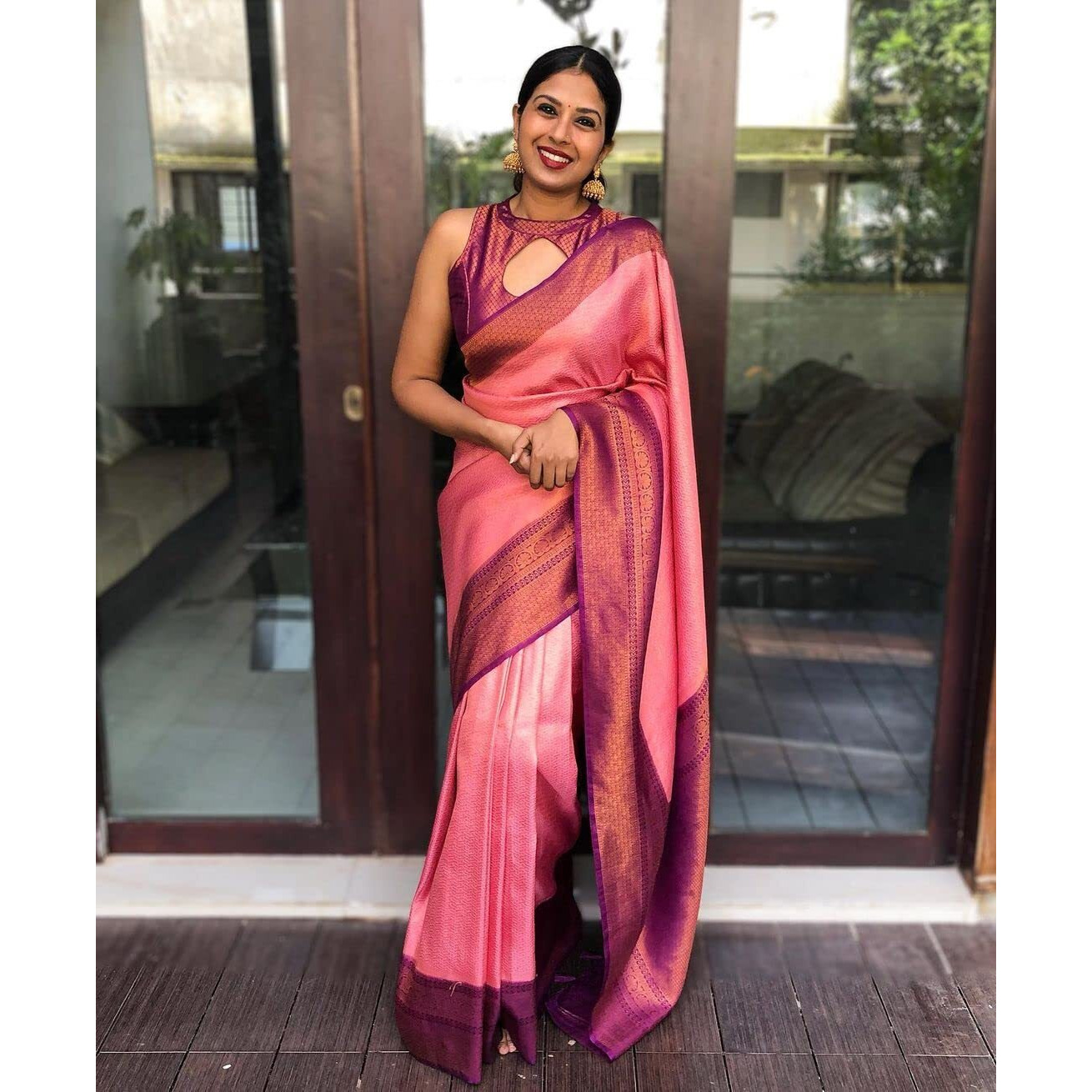 SGF11- Womens Kanjivaram Soft Silk Saree With Blouse Piece (Pink)
