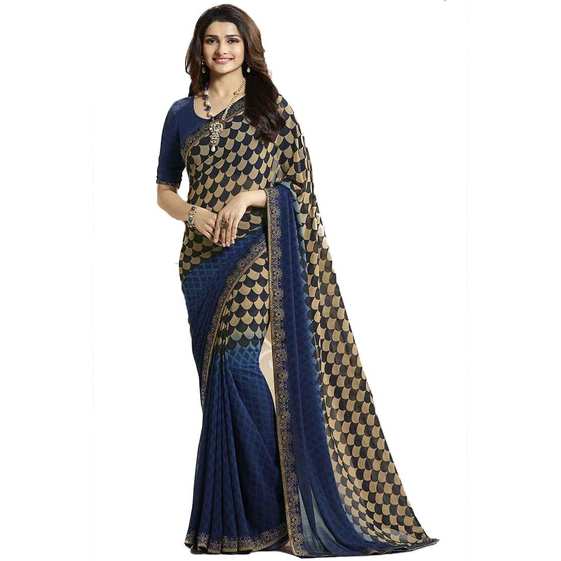 RAJESHWAR FASHION WITH RF Womens Checkered Printed Georgette Sarees For Women With Jacquard Lace Border & Blouse(A16 DARK BLUE_Multicolored_Free Size 6.30 Mtr)