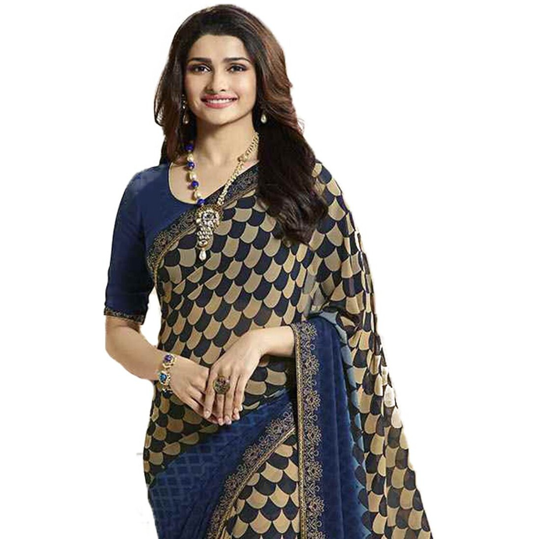 RAJESHWAR FASHION WITH RF Womens Checkered Printed Georgette Sarees For Women With Jacquard Lace Border & Blouse(A16 DARK BLUE_Multicolored_Free Size 6.30 Mtr)