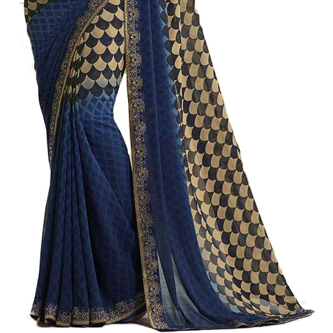 RAJESHWAR FASHION WITH RF Womens Checkered Printed Georgette Sarees For Women With Jacquard Lace Border & Blouse(A16 DARK BLUE_Multicolored_Free Size 6.30 Mtr)