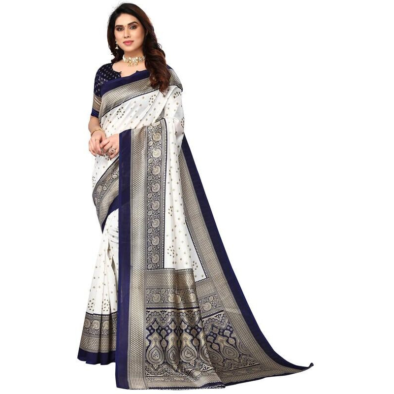 Satrani Womens Silk Blend Saree (2952S2082NC_Navy Blue & Beige & White)